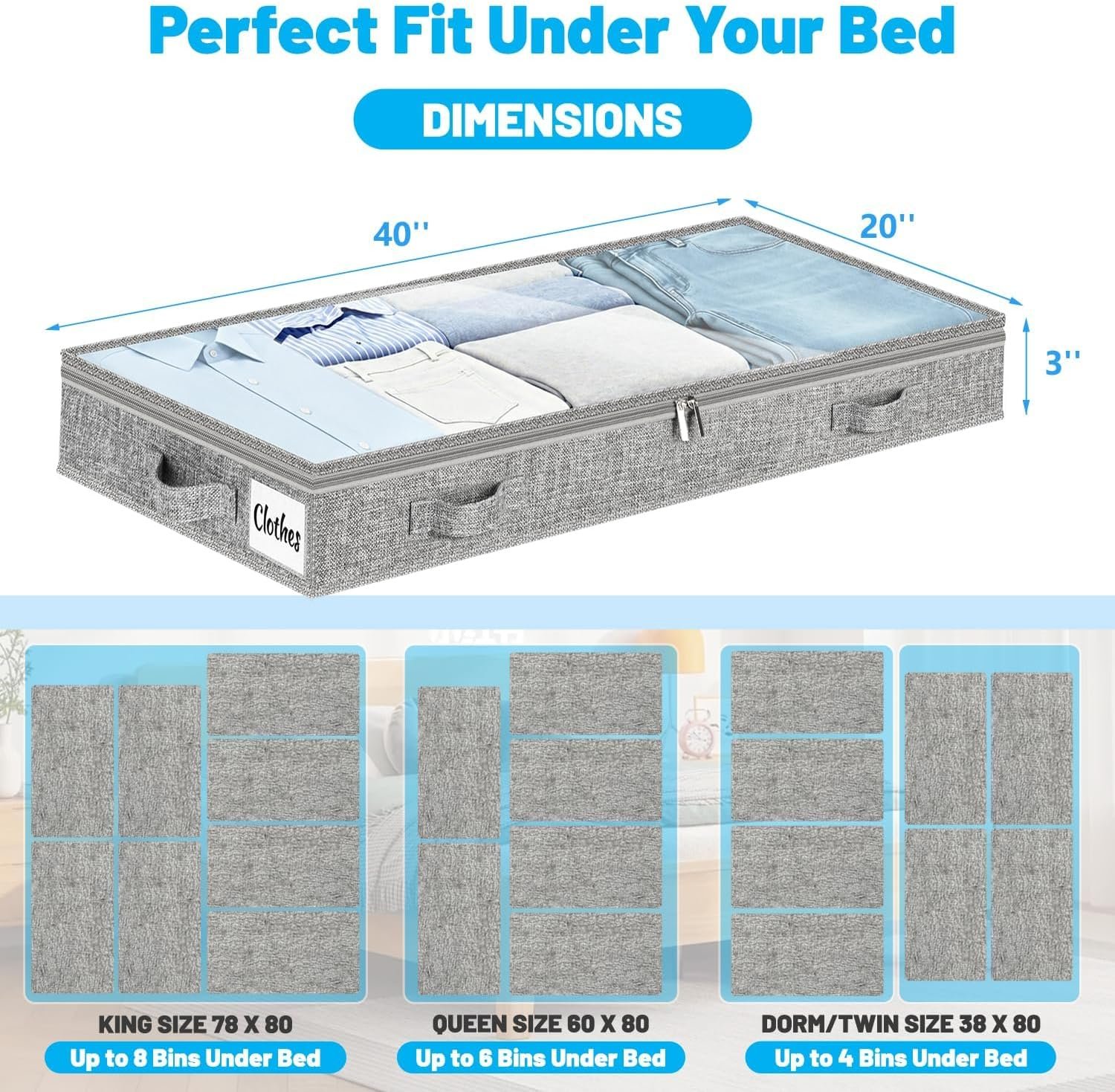 3 Inch Low Profile Under Bed Storage Drawer 2 Pack, Lightweight Underbed Clothes Storage Container Bins With NO STURCTURE, Shallow Storage Bag for Dorm & Home, With Clear Lids & Water-Resistant Fabric - Image 2
