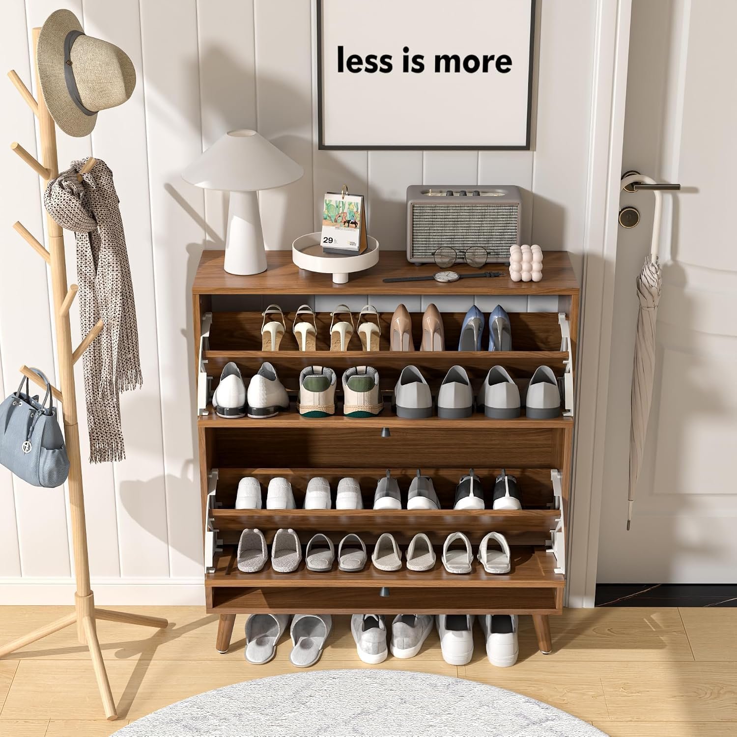 Fsbecl Shoe Storage Cabinet for Entryway with 2 Fluted Flip Drawers, Walnut - Image 3