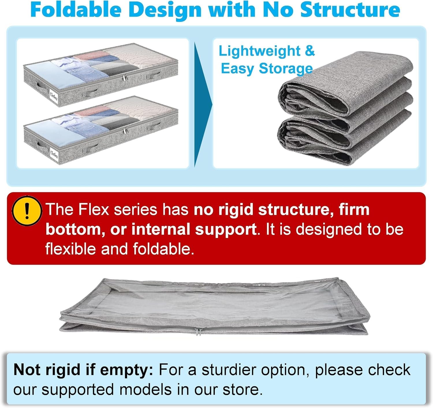 4 Inch Low Profile Under Bed Storage Drawer 2 Pack, Lightweight Underbed Clothes Storage Container Bins With NO STURCTURE, Shallow Storage Bag for Dorm & Home, With Clear Lids & Water-Resistant Fabric - Image 4