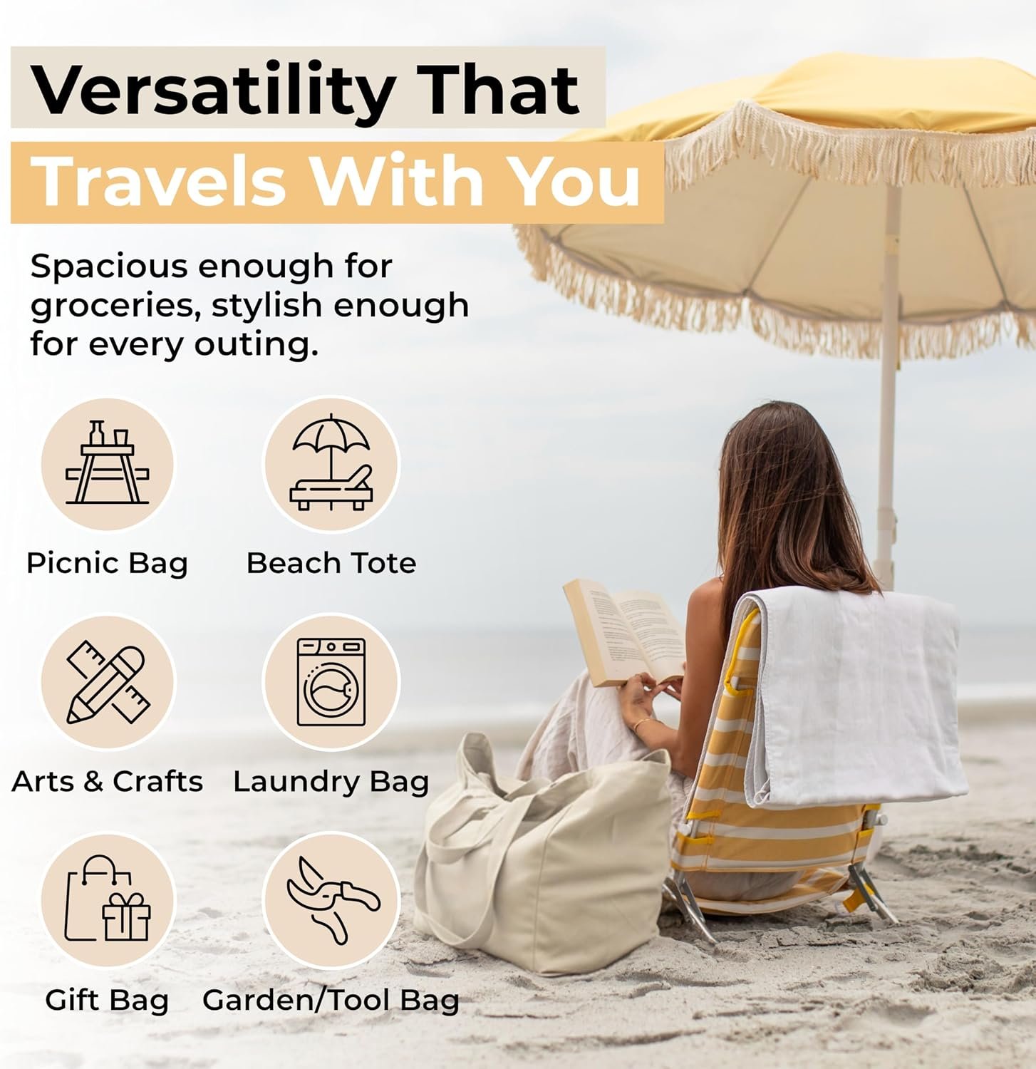 VeraMia Canvas Grocery Bag 3pc XL Set with Real Pockets, Long Shoulder Strap and Short Handle. Heavy Duty, Foldable, Washable - Image 5