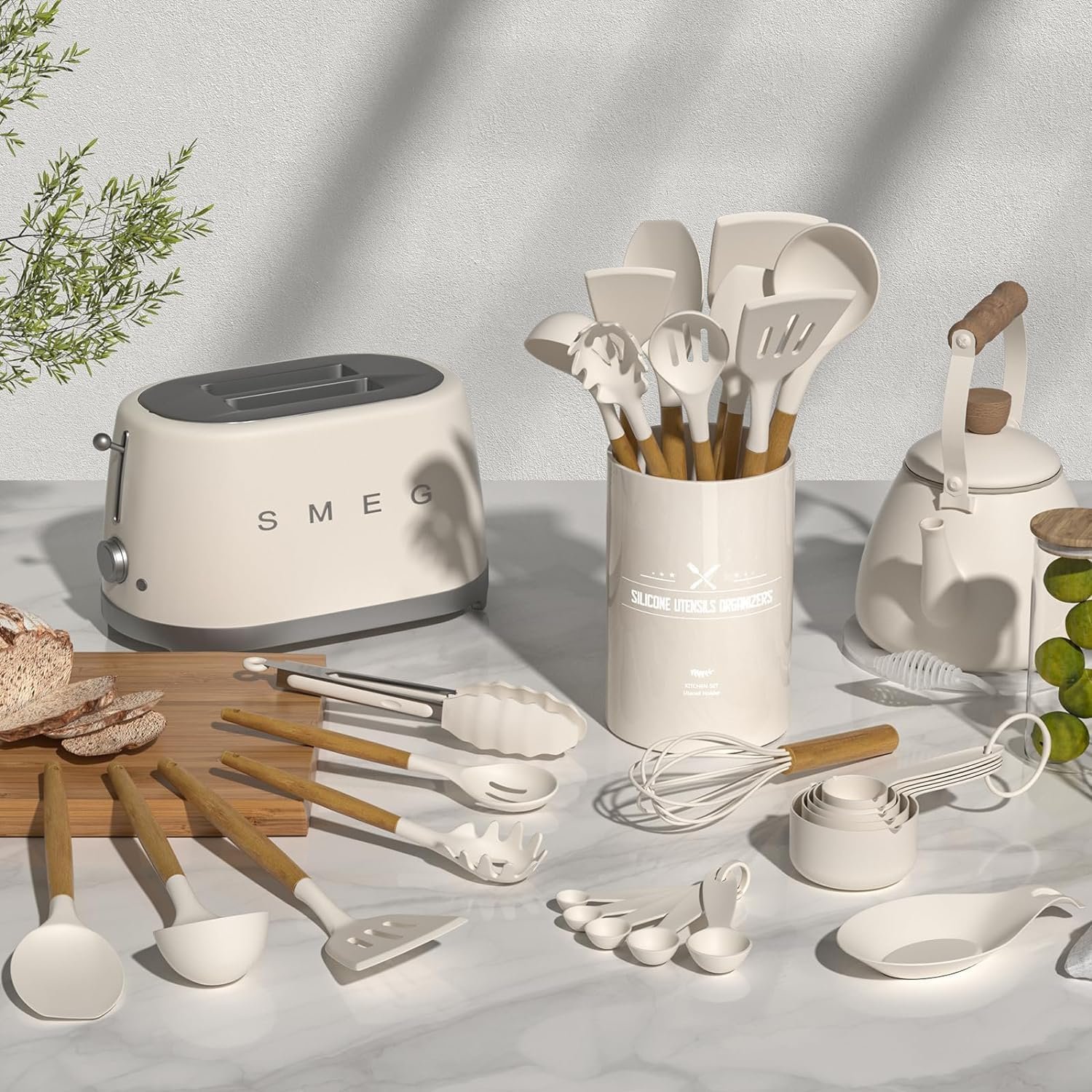 Umite Chef Kitchen Cooking Utensils Set, 33 pcs Non-Stick Silicone Cooking Kitchen Utensils Spatula Set with Holder, Wooden Handle Silicone Kitchen Gadgets Utensil Set (Khaki) - Image 2