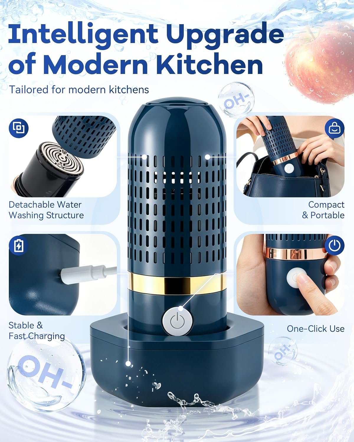 Produce Cleaner & Vegetable Cleaner with Oh-Ion Technology, Wireless Rechargeable Food Washer for Fruits, Veggies, Rice & Utensils, Ipx7 Waterproof 10-Min Automatic Cleaning for Kitchen (Blue) - Image 7
