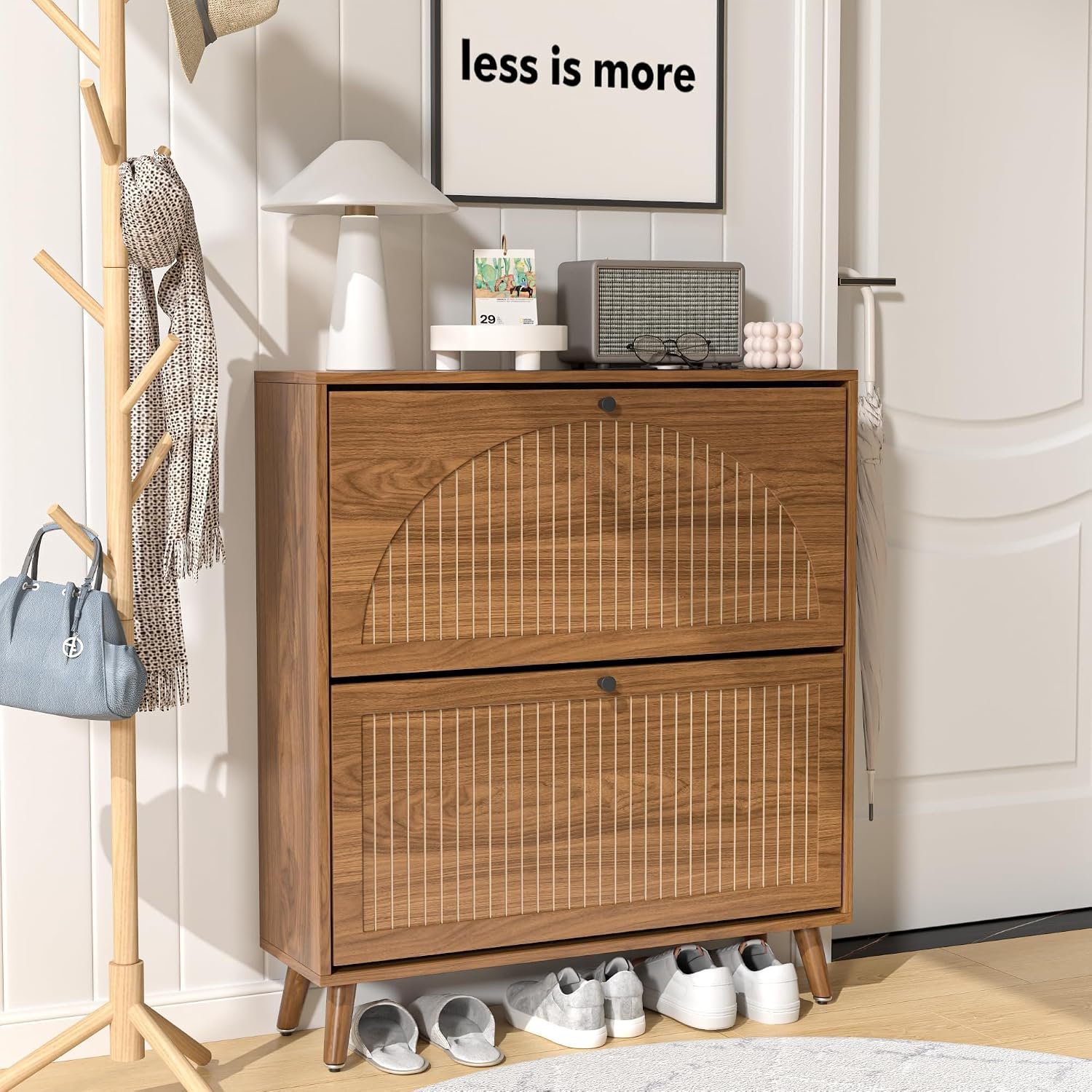 Fsbecl Shoe Storage Cabinet for Entryway with 2 Fluted Flip Drawers, Walnut - Image 9