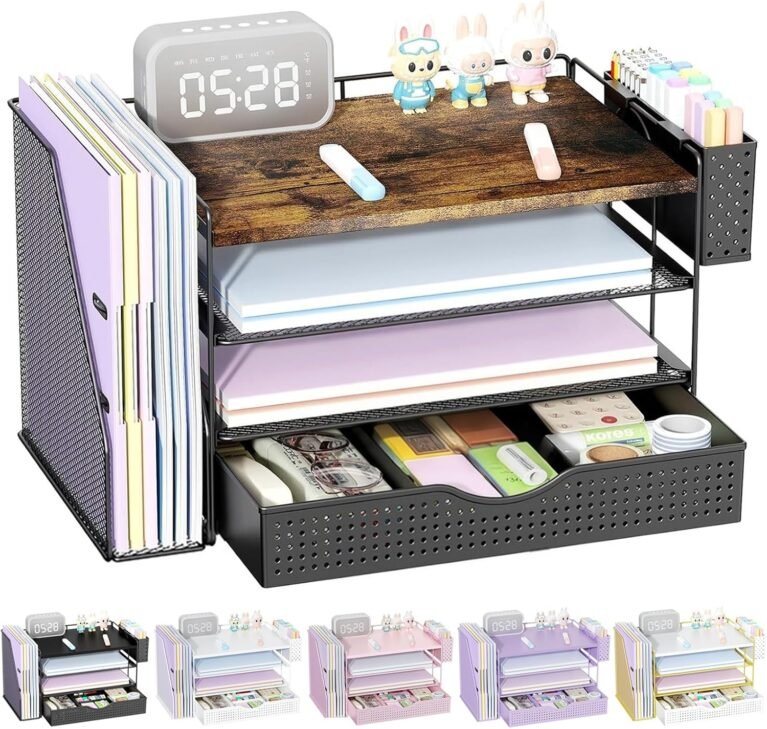 Wood Desk Organizers and Accessories with File Sorters, 4-Tier Desk Accessories & Workspace Organizers with Drawer and Pen Holder, Desk Reference Organizer (Wood, 4T with Drawer)