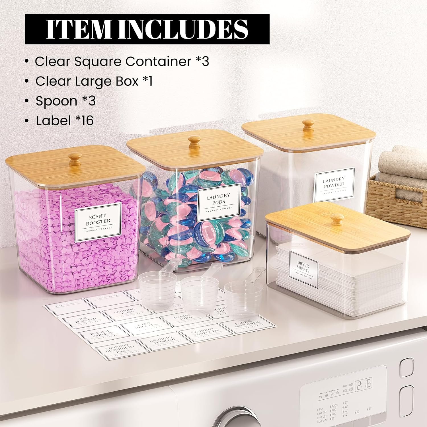 HomePekite Laundry Pods Storage Container, Clear Acrylic Laundry Room Organization and Storage ,Detergent Powder Container,with Wooden Lids & Labels, 3+1 Pack - Image 5