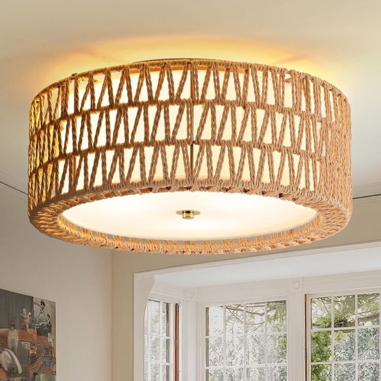 Boho Ceiling Light Rattan Flush Mount Ceiling Light, 15.7" Brown