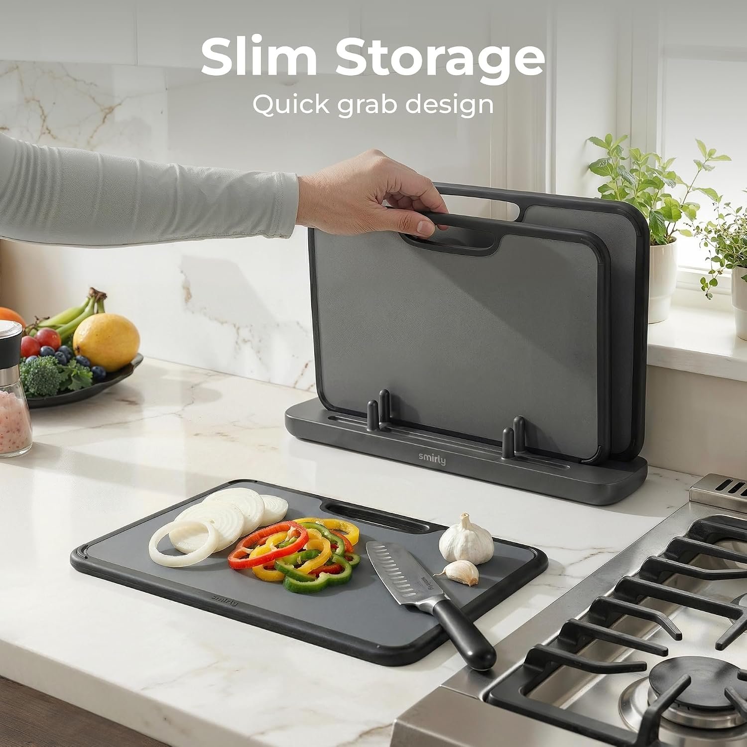 SMIRLY Plastic Cutting Board Set with Holder, 3 Pack, Dark Gray - Image 7