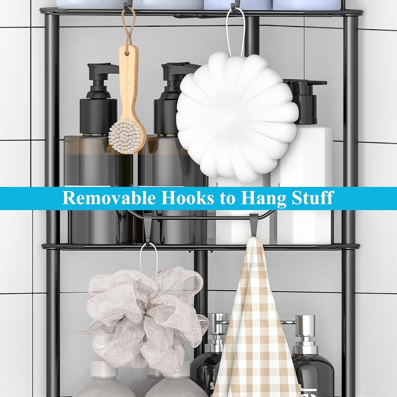 HuggieGems 4 Tier Floor Standing Corner Shower Caddy Organizer Shelf with Hooks, Bathroom Shelves Stand Rack, Black - Image 5