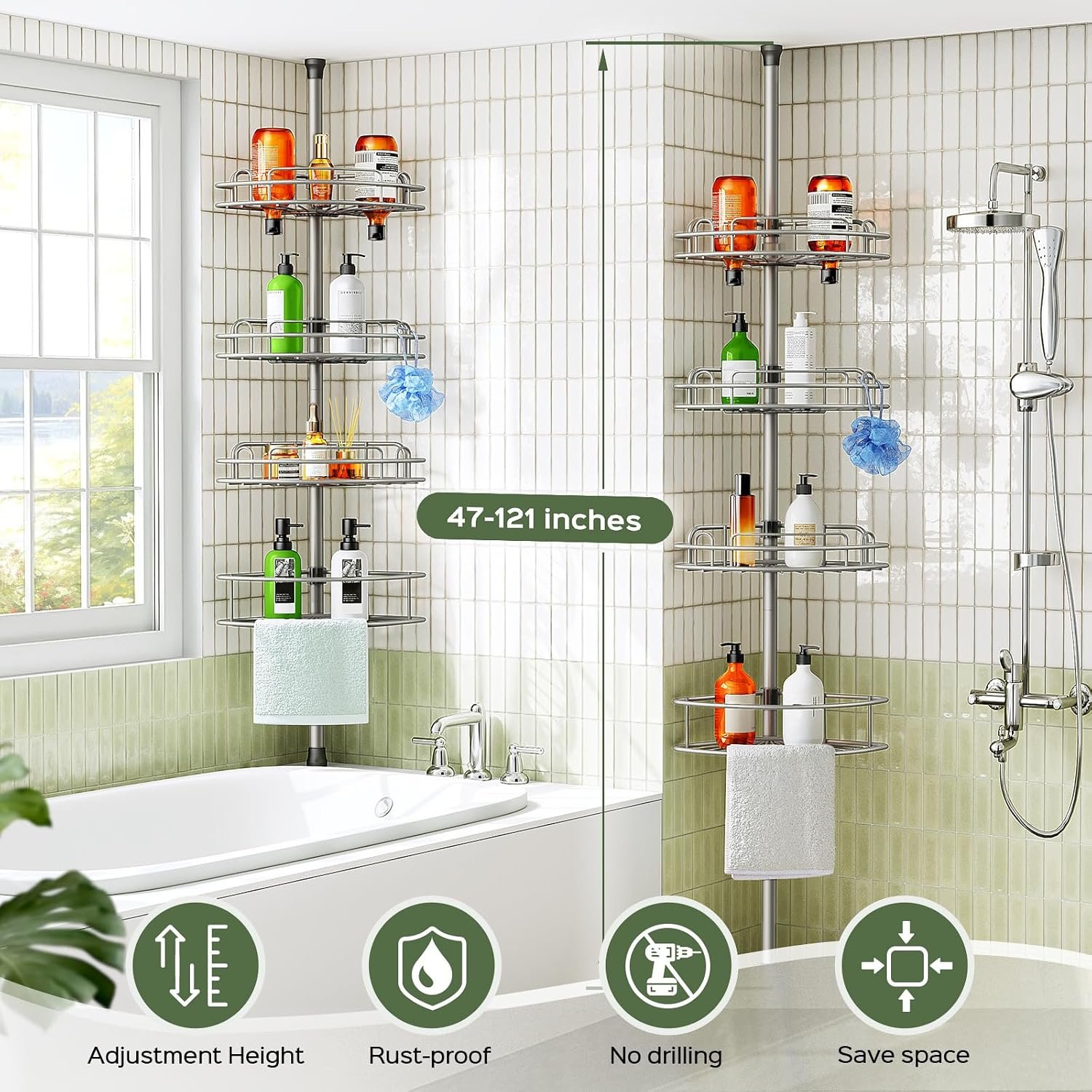 HAMITOR Corner Shower Caddy Tension Pole 4 Tier Rustproof Shampoo Organizer - Image 7