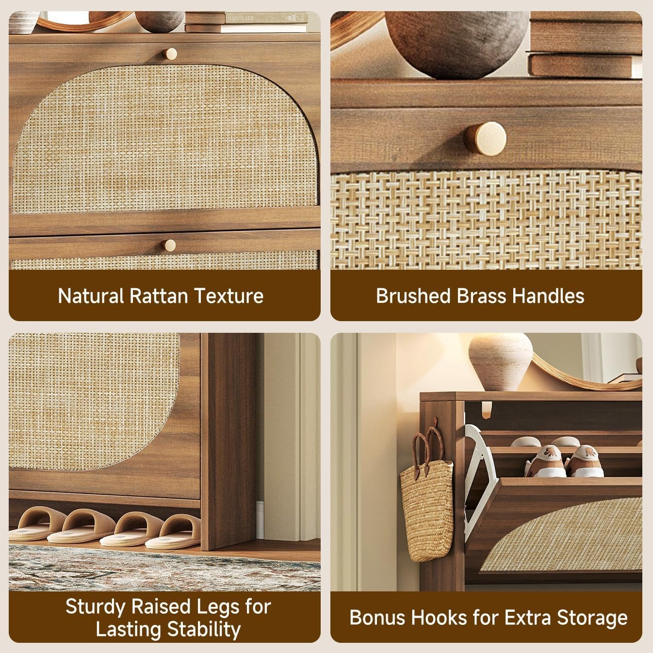 Nicetree Rattan Arched Accent Shoe Storage Cabinet - Freestanding Ultra Slim for Entryway, 2 Flip Drawers & 3-Tier Adjustable Shelves, Farmhouse Modern Rustic Shoe Rack for Hallway, Foyer, Living Room - Image 8