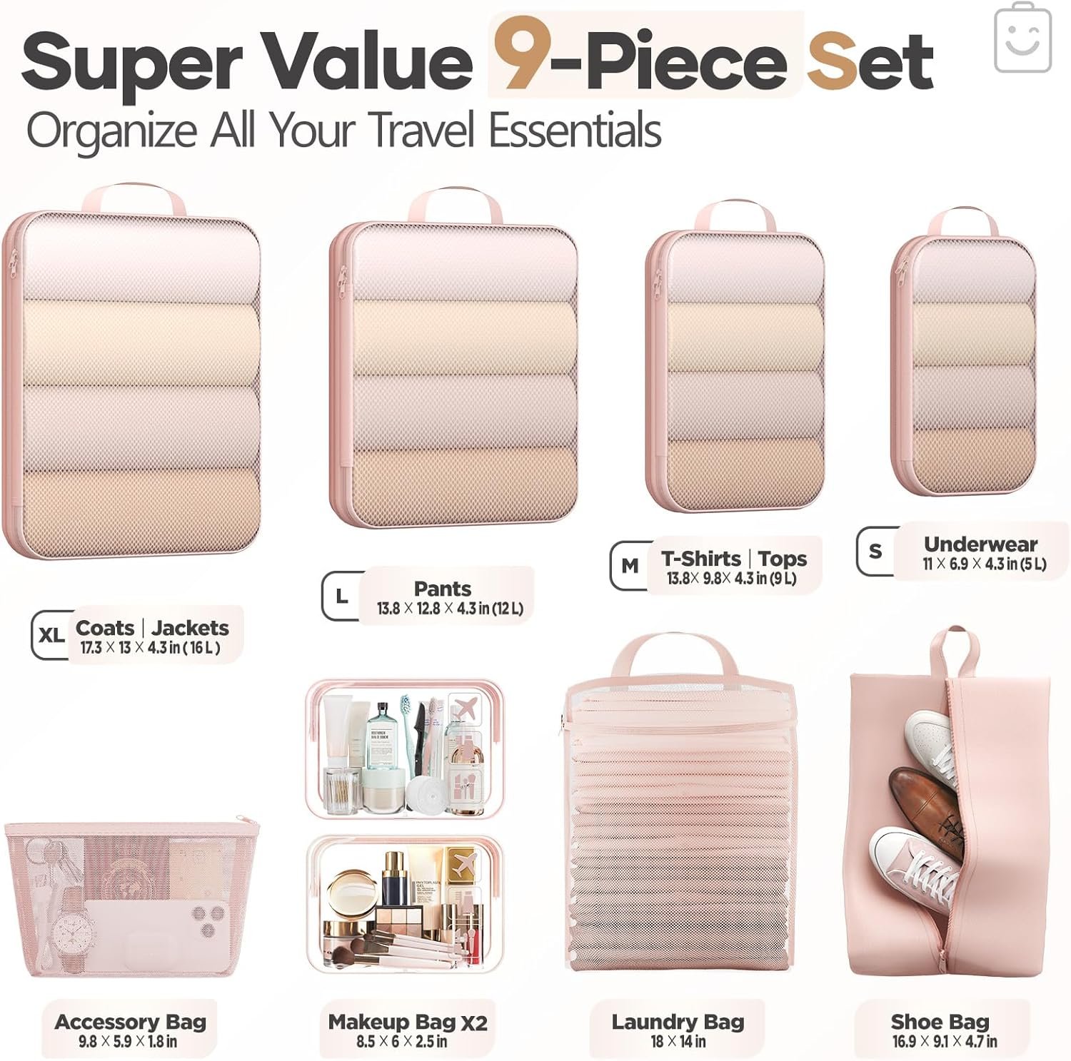 Veken 9/11 Set Compression Packing Cubes for Cruise Travel Essentials,Compressible Expandable Large Luggage Organizer Bags for Clothing,Space Saver Bags with Over 1000 pcs of Mesh Holes(Beige) - Image 2