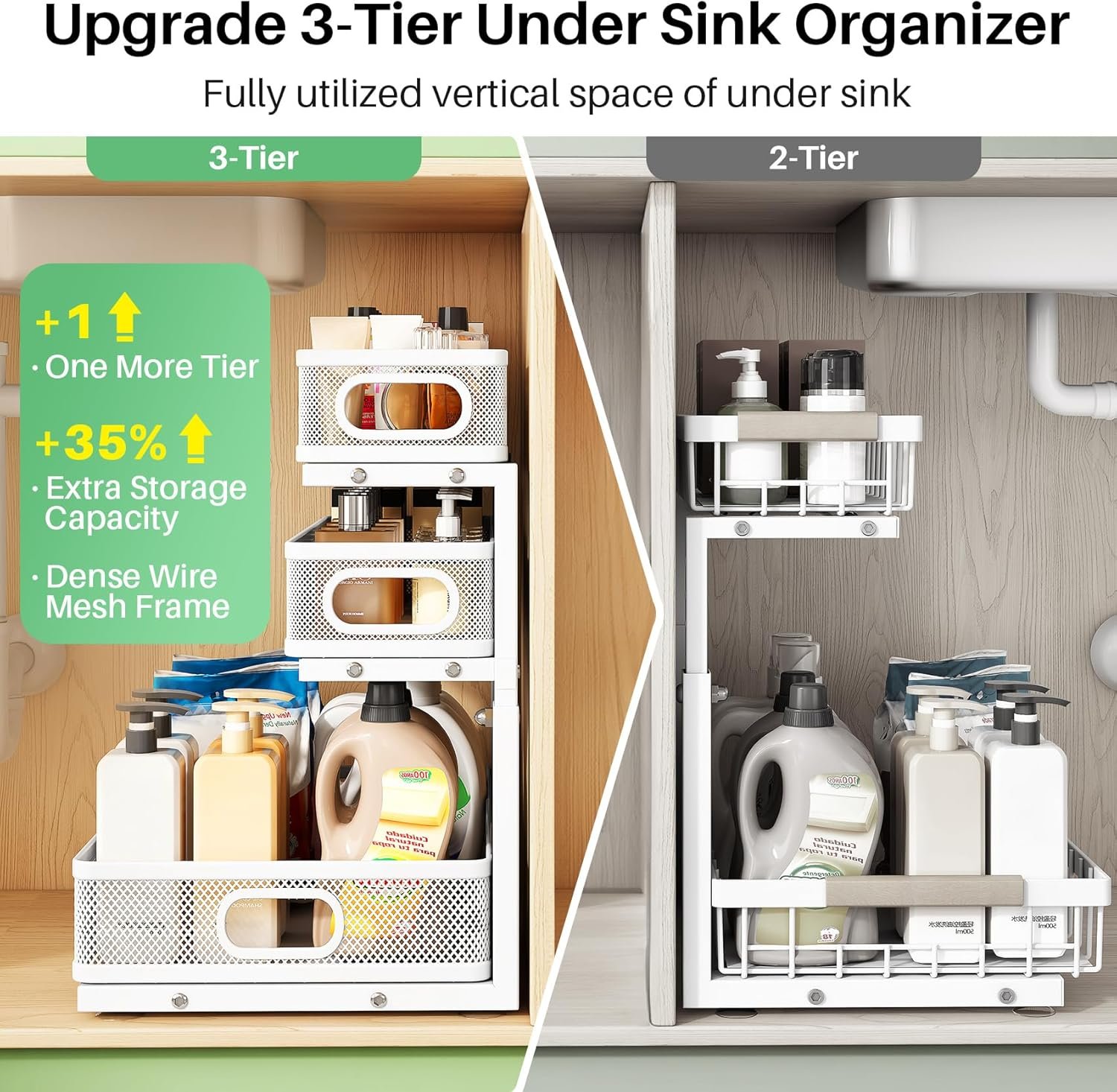 Kitstorack Under Sink Organizer, 2-Pack 3-Tier Height Adjustable Thickened Metal Pull out Cabinet Organizer Shelf, Slide out Storage Drawer Rack for Bathroom Kitchen Pantry Home Laundry Organization - Image 4