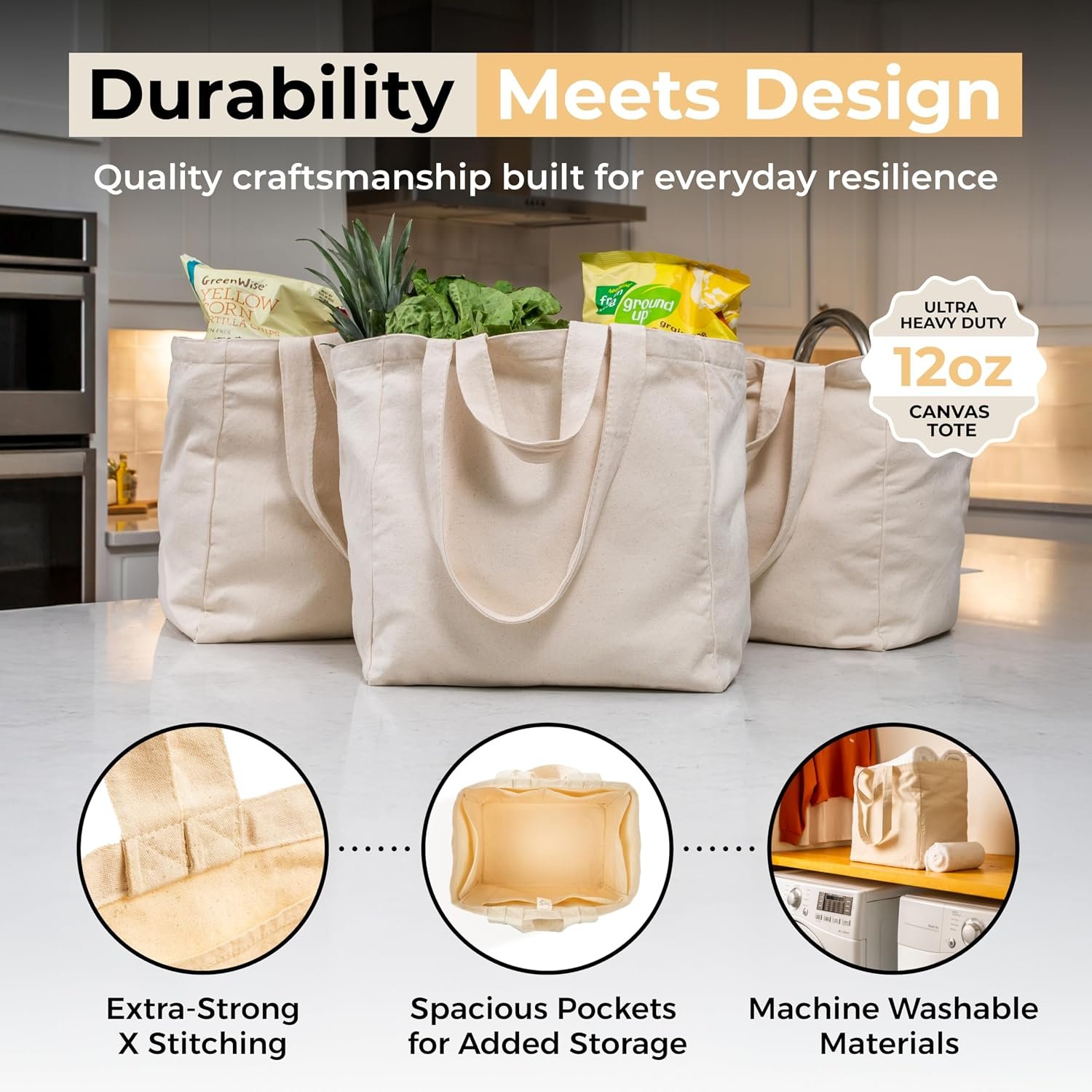 VeraMia Canvas Grocery Bag 3pc XL Set with Real Pockets, Long Shoulder Strap and Short Handle. Heavy Duty, Foldable, Washable - Image 3