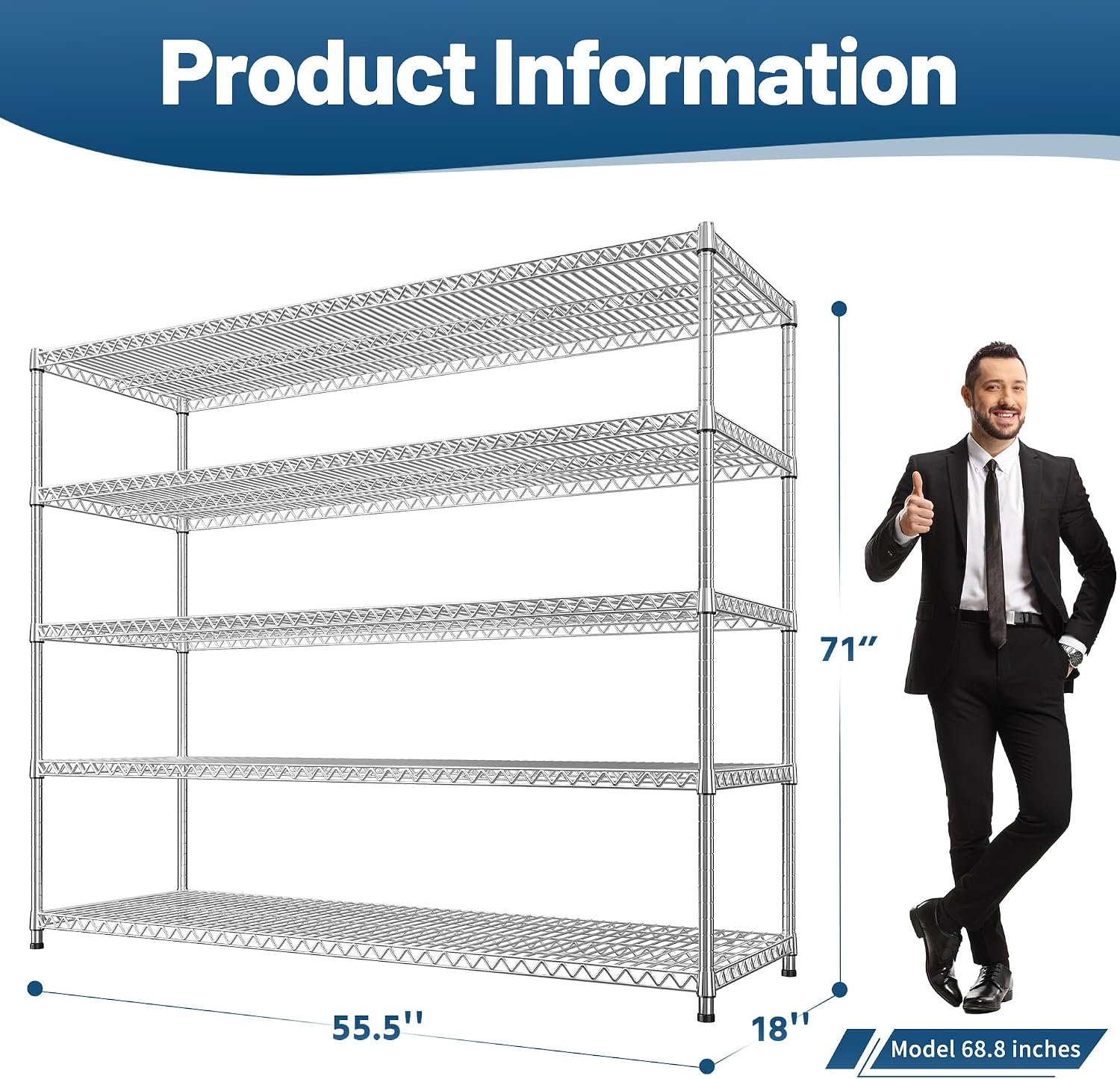 REIBII 55.5" W Storage Shelves 3200LBS Metal Shelving 5 Tier Wire Shelving Garage Shelving Heavy Duty Metal Shelves for Shelving Unit Commercial Adjustable Shelf, 55.5" W X 18''D X 71" H,Chrome - Image 3
