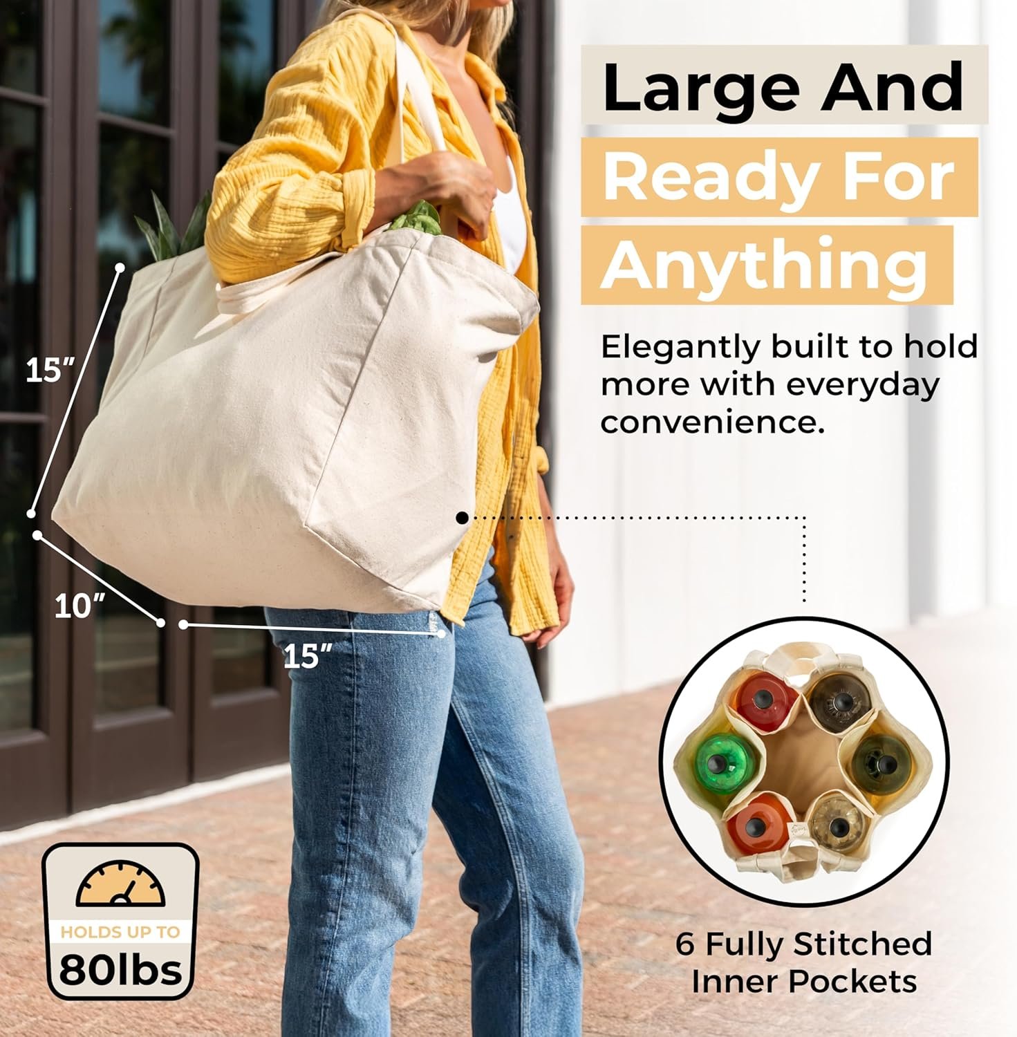 VeraMia Canvas Grocery Bag 3pc XL Set with Real Pockets, Long Shoulder Strap and Short Handle. Heavy Duty, Foldable, Washable - Image 4