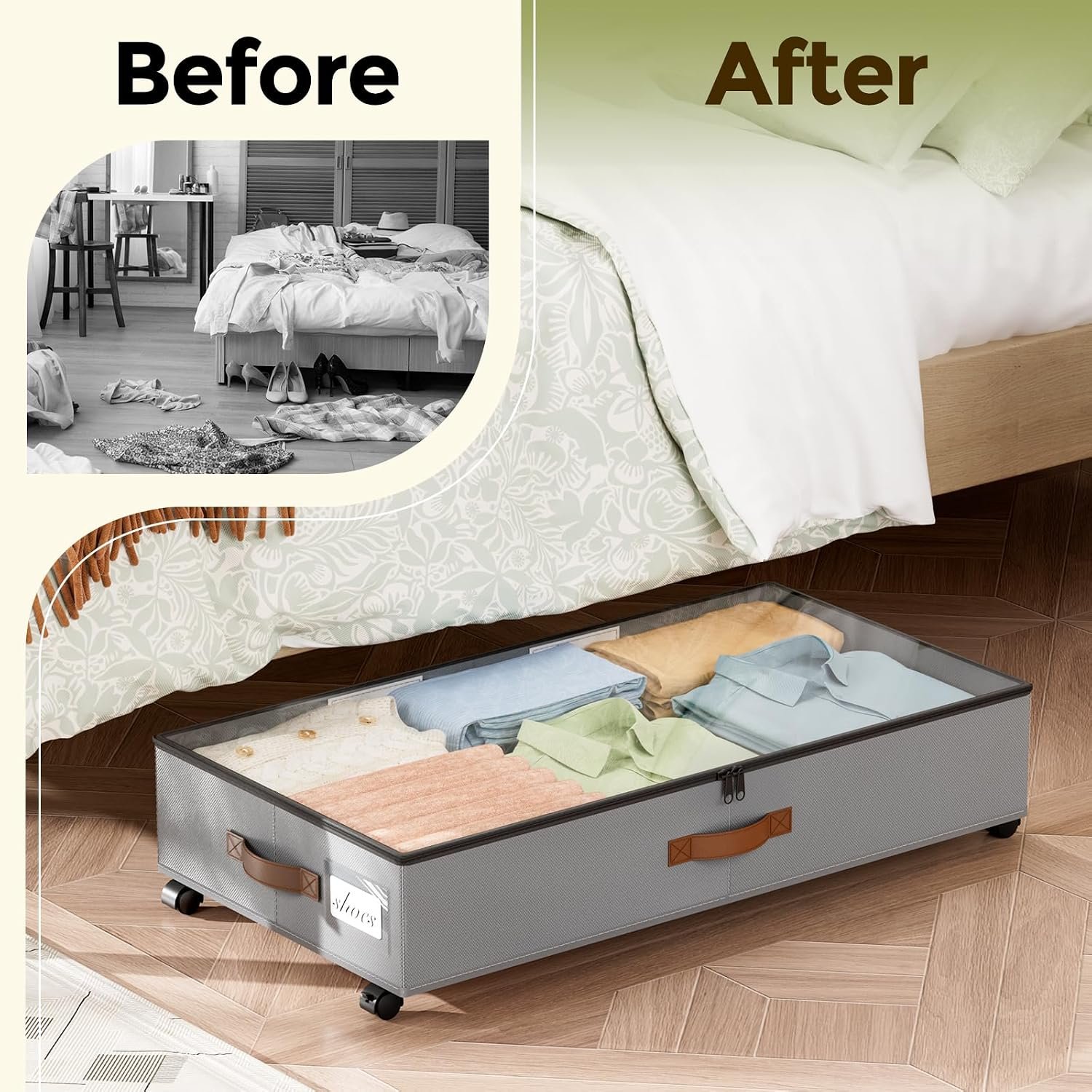 LAMU Under Bed Storage with Wheels, 2 Pack Under Bed Storage Containers with Clear Lids & Label, Rolling Under Bed Drawers for Clothes, Shoes, Blankets, Grey - Image 8