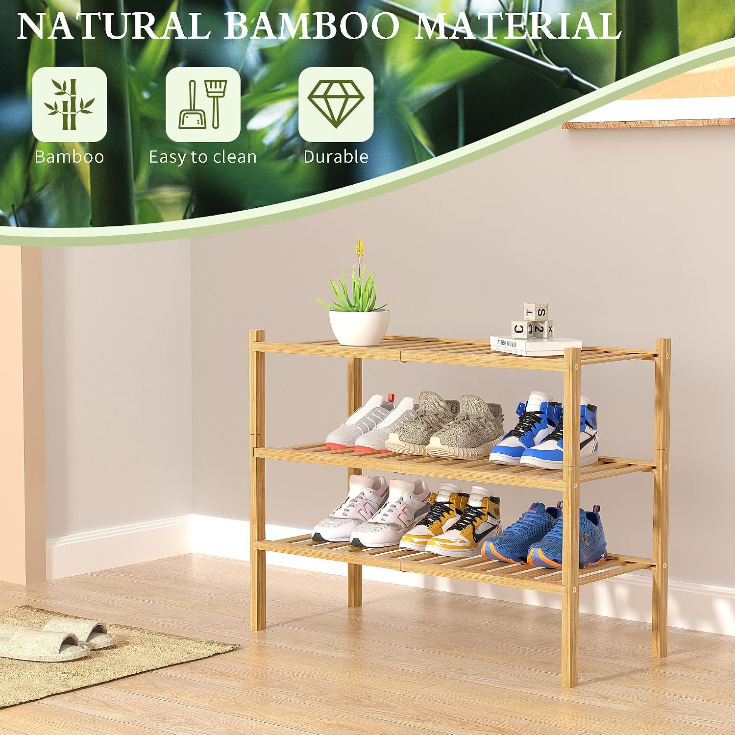 ROMGUAR CRAFT 3 Tier Bamboo Shoe Rack for Closet Free Standing Wood Shoe Shelf Storage Organizer for Entryway Small Space Stackable 27"x11"x20" (Natural) - Image 6