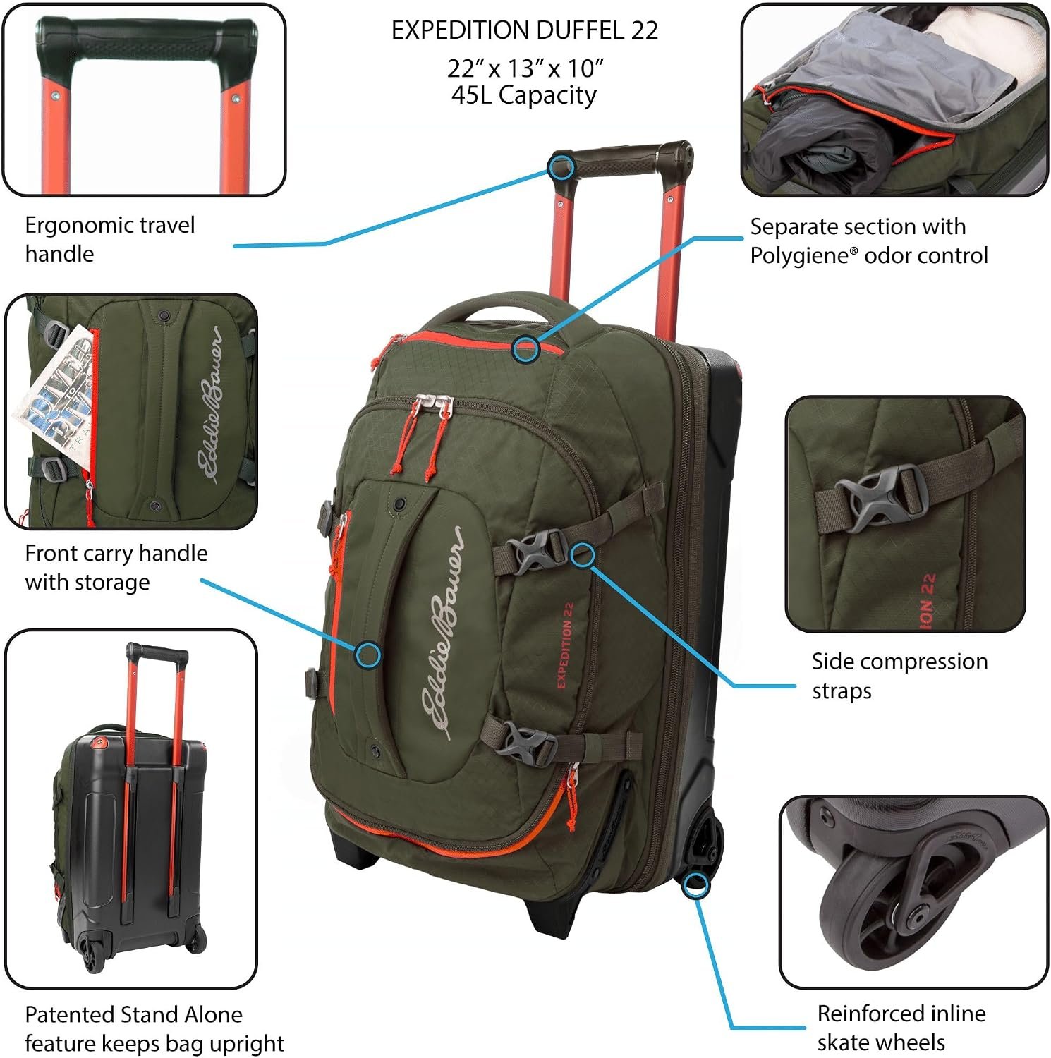 Eddie Bauer Expedition Rolling Duffel Bag with Wheels - Dark Thyme, 22" - Image 2
