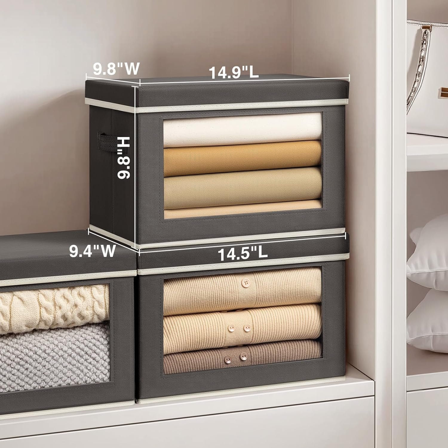 Homsorout Storage Bins with Lids - Fabric Storage Boxe with Window, Collapsible Closet Organizers with Handles, 3 Pack Decorative Bin, Home Cubes Baskets for Clothes, Hat, Books, Dark Grey - Image 2