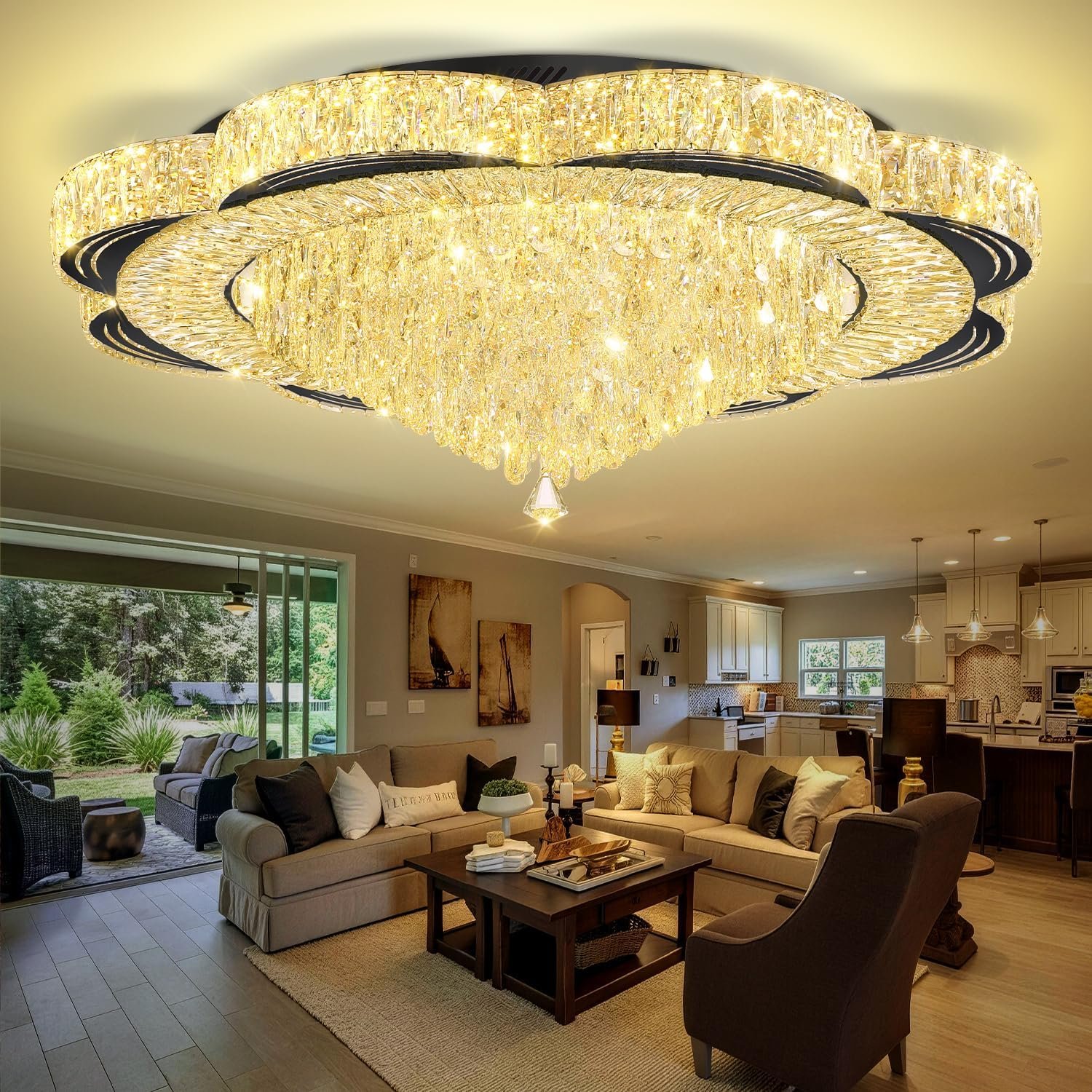 Modern Crystal Chandelier for Living Room 40in Black Crystal Raindrop Ceiling Light for Dining Room LED Dimmable 3000-6000K