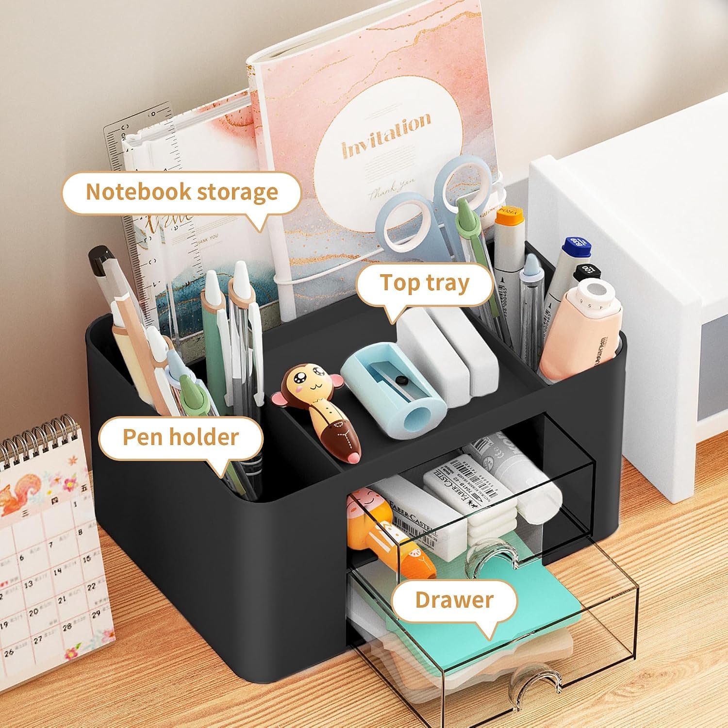Marbrasse Pen Organizer with 2 Drawer, Multi-Functional Pencil Holder for Desk, Desk Organizers and Accessories with 5 Compartments + Drawer for Office Art Supplies (Black) - Image 2