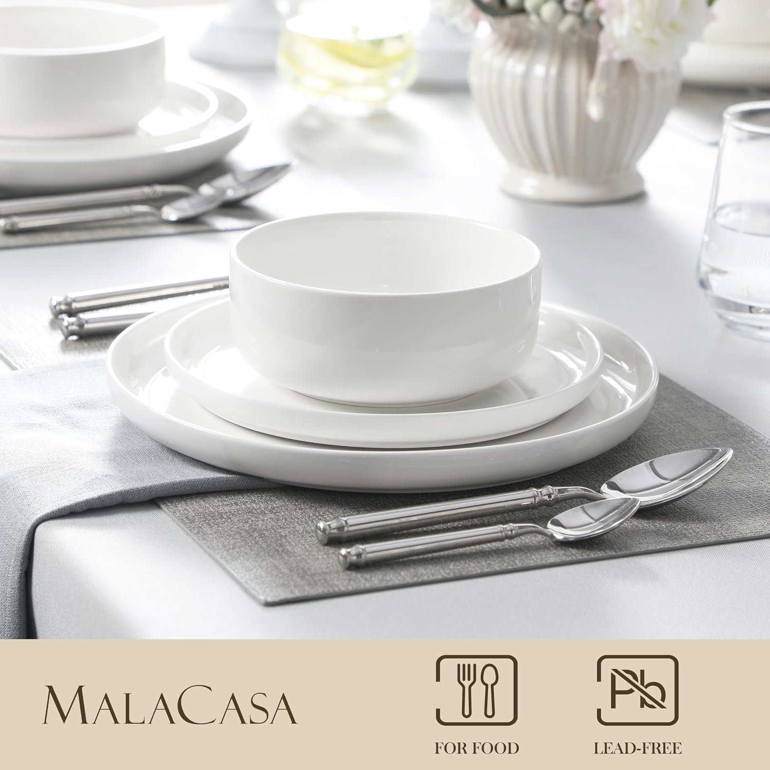 MALACASA 12 Pcs Porcelain Plates and Bowls Sets,Dinnerware Set for 4,White - Image 3