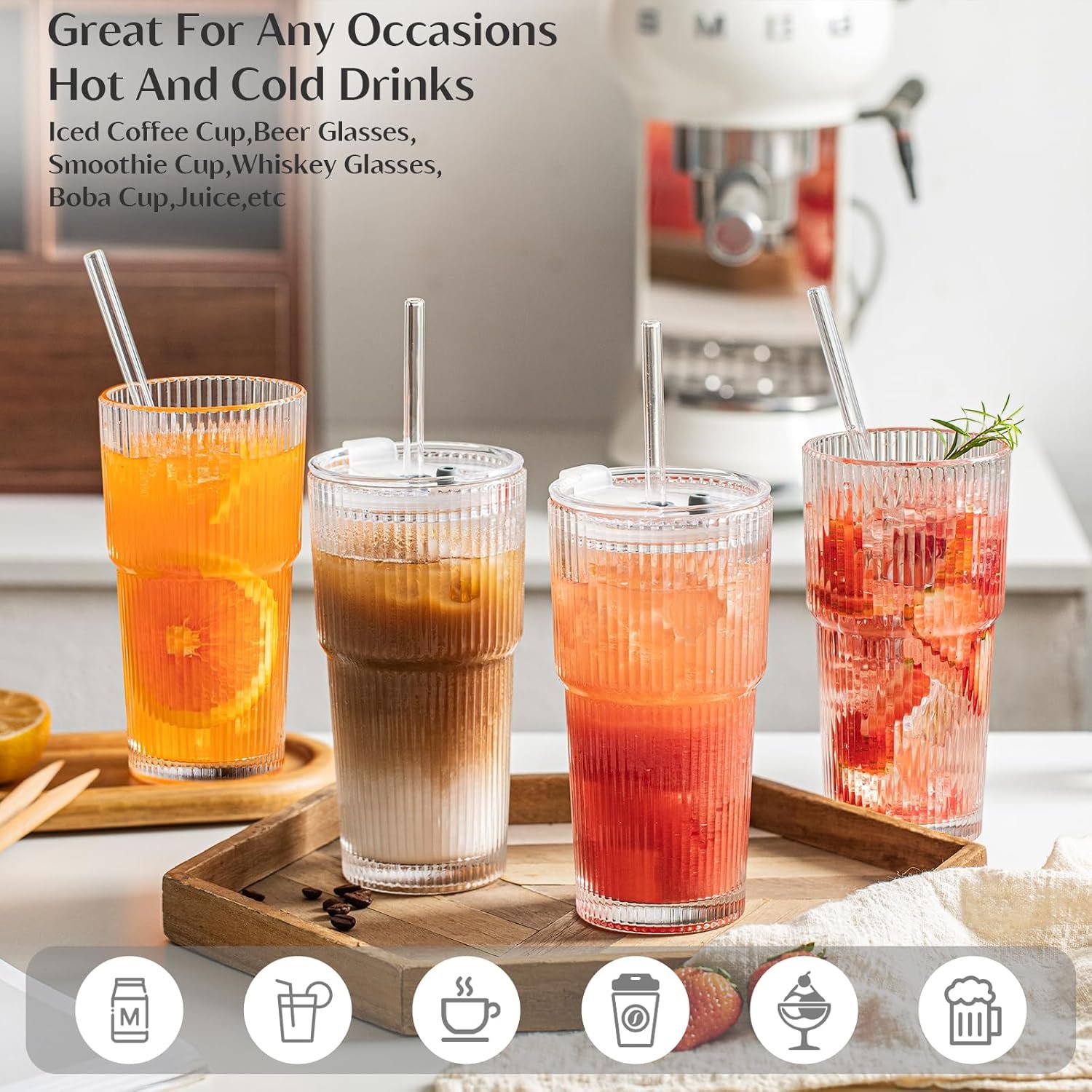 INSETLAN 20 oz Ribbed Glass Tumblers with Lids and Glass Straws – 4-Piece Glassware Set, Thickened Wall, Ideal for Iced Coffee, Smoothies, Cocktails, and Juices – Elegant and Durable Drinkware - Image 7