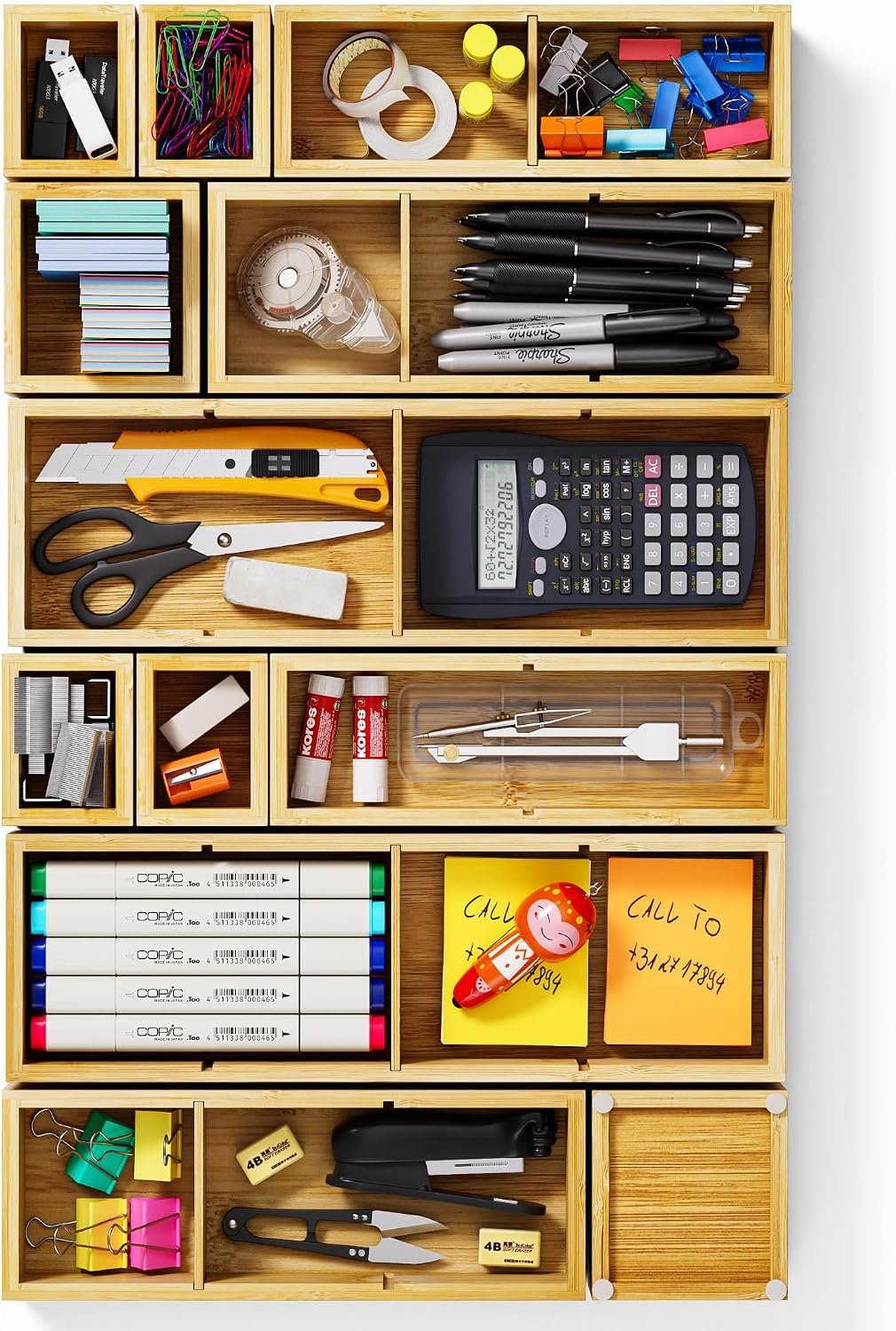 12-Piece Bamboo Drawer Organizer Set, 24 Compartments Modular Storage