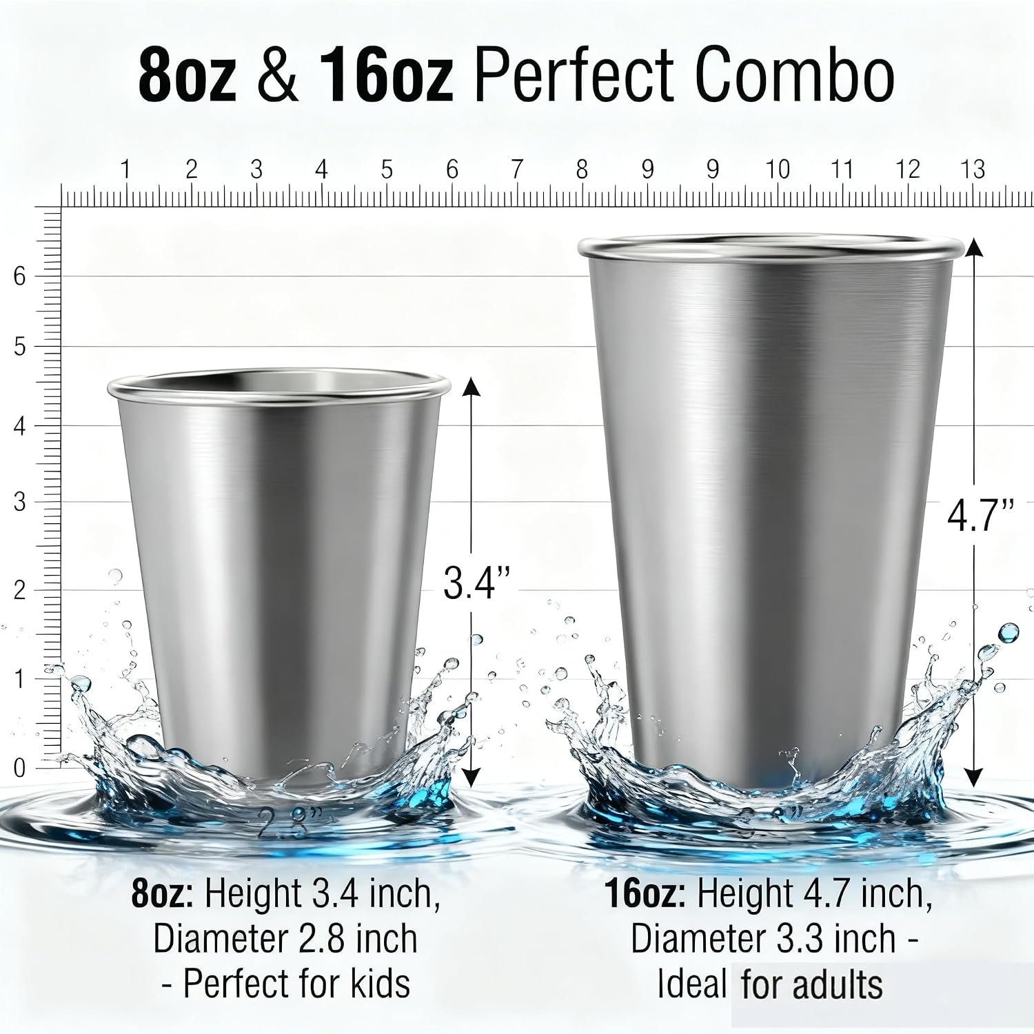 Stainless Steel Cups & Pint Tumblers Set of 8 - 4 Pack 8 oz + 4 Pack 16 oz Stackable, BPA Free Unbreakable 304 Metal Drinking Glasses for Children & Adults, Indoor Outdoor Picnic Travel Camping - Image 2
