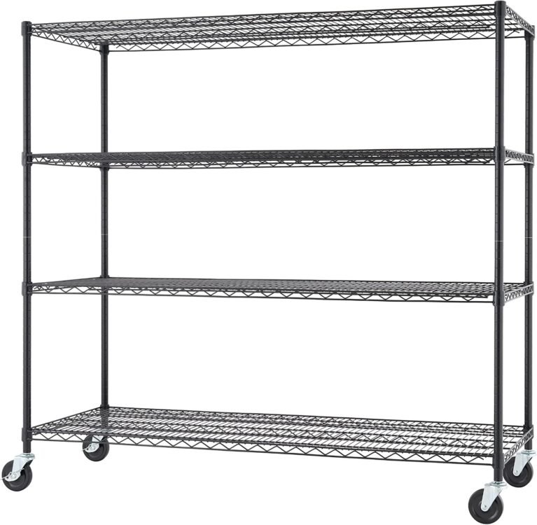 Trinity Basics 4-Tier Adjustable Wire Shelving with Wheels for Kitchen Organization, Garage Storage, Laundry Room, NSF Certified, 600 to 1800 Pound Capacity, 60” by 24” by 54”, Black