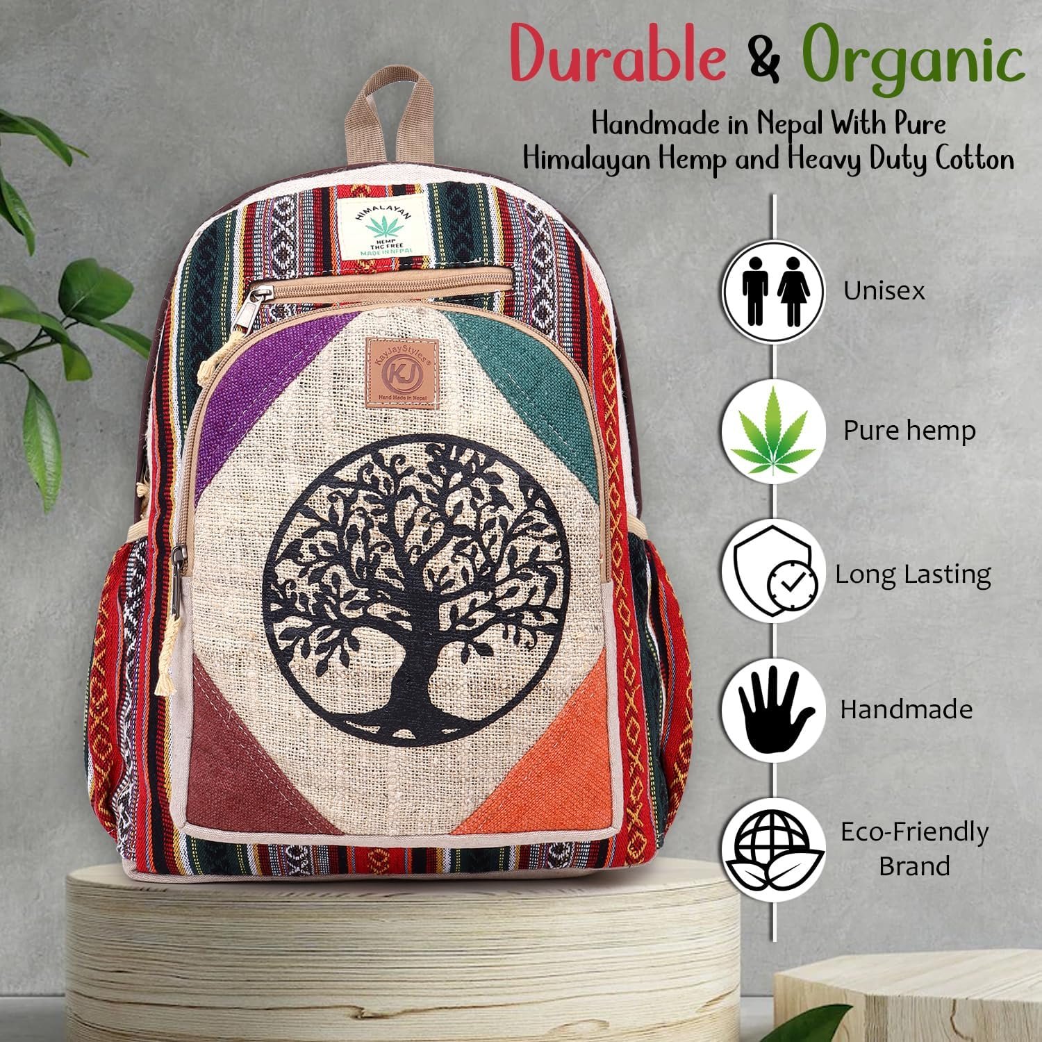 Natural Handmade Large Multi Pocket Hemp Nepal Backpack (Tree Of Life) - Image 6