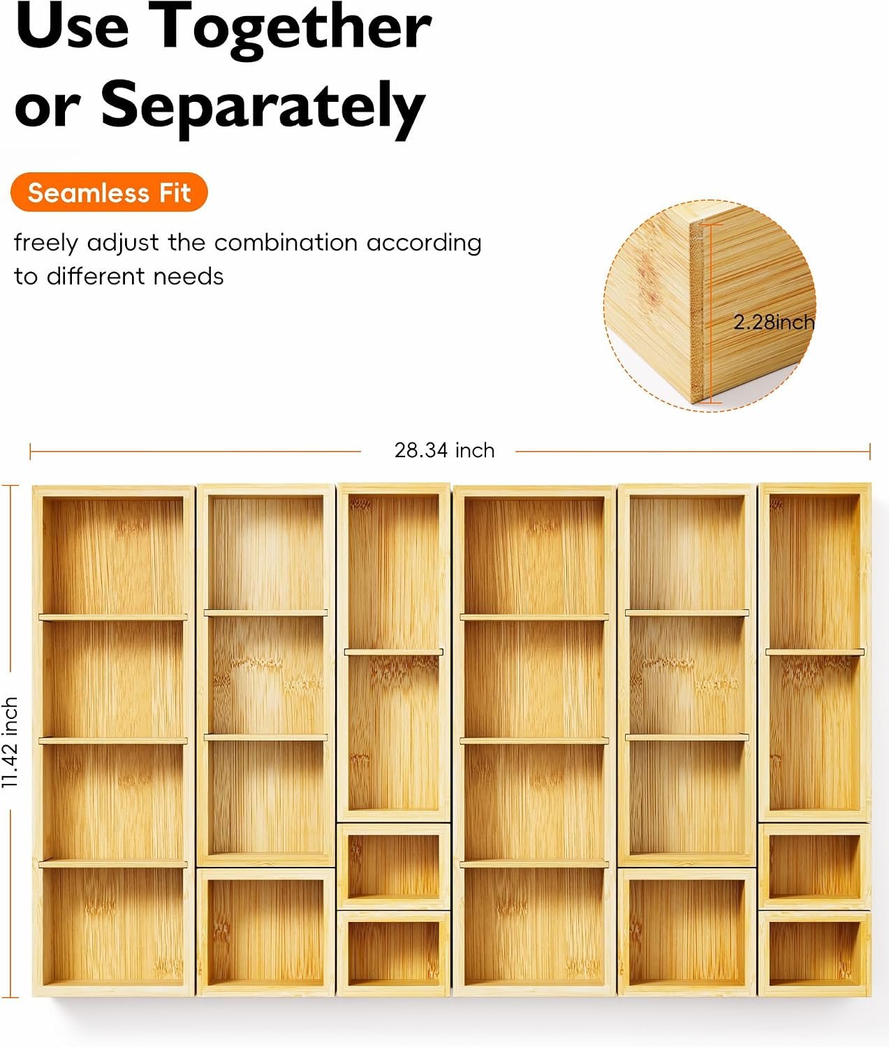 12-Piece Bamboo Drawer Organizer Set, 24 Compartments Modular Storage - Image 2
