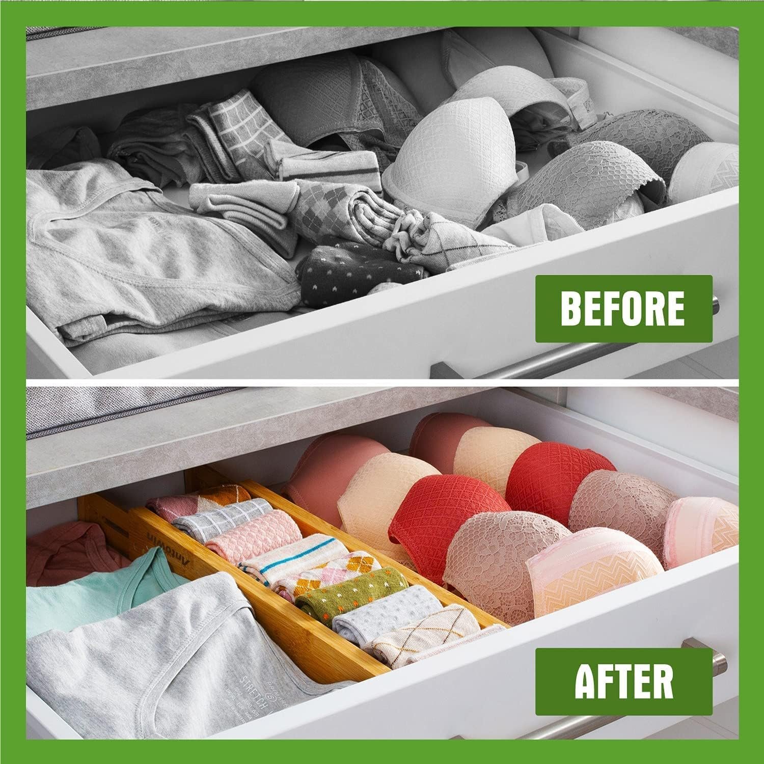 ANTOWIN Bamboo Drawer Dividers, Expandable Drawer Separators Splitter, 17-22 inches Adjustable Spring-loaded Organizer for Large Utensil, Clothes, Tools Drawers, 6 Pack Dividers + 4 Pack Baffle - Image 5