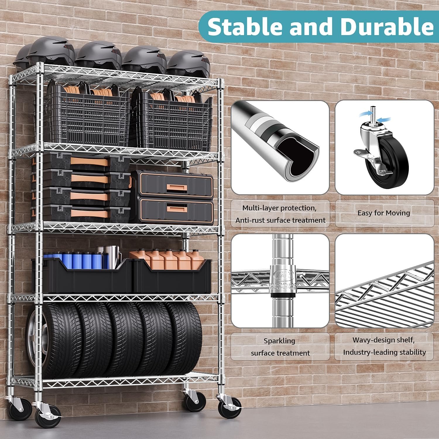 M MZG 5-Shelf Storage Shelves,Wire Shelving Heavy Duty Metal Storage Shelving Unit Adjustable Garage Shelving Rack Pantry Kitchen (Chrome, 5 Tier,17.7" D x 47.2" W x 76.7" H) - Image 5