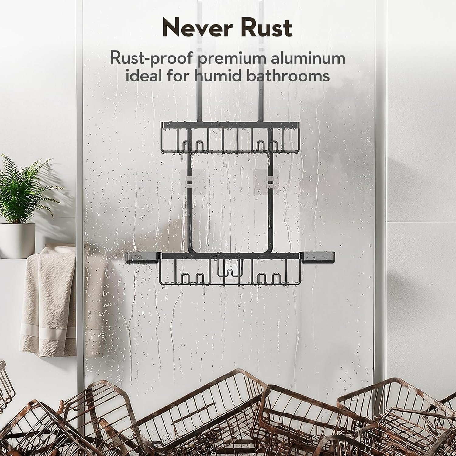 Over the Door Shower Caddy Hanging With Double Soap Holder Never Rust Aluminum Shower Shelf With 4 Hooks Hanging Bathroom Organizer No Drilling Shelves for Bathroom Storage Black - Image 4