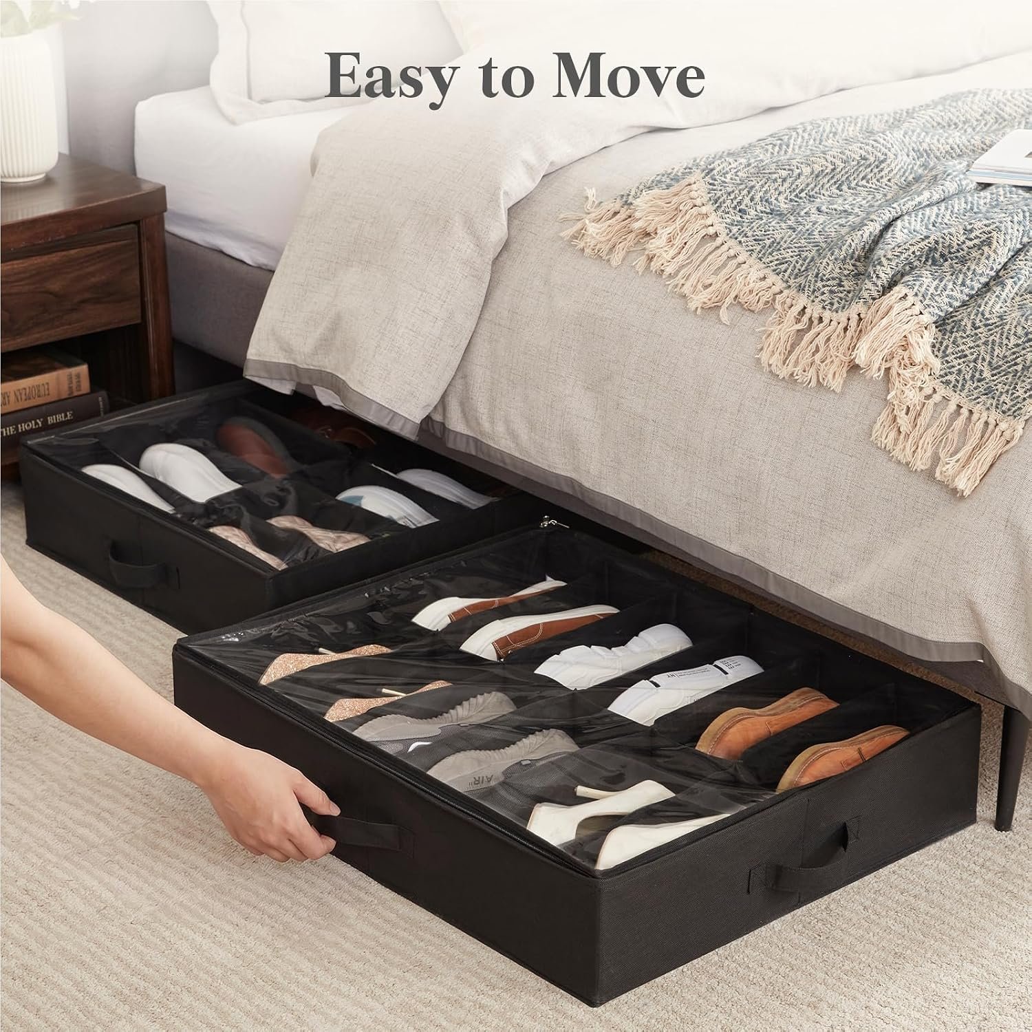 Lifewit Under Bed Shoe Storage Organizer 2 Pack(12 Shoes Cells), 4.3 Inches Profile Fabric Shoes Container Box with Clear Cover, Foldable Storage Bag with 2 Handles, Fits 12 to 24 Pairs - Image 7