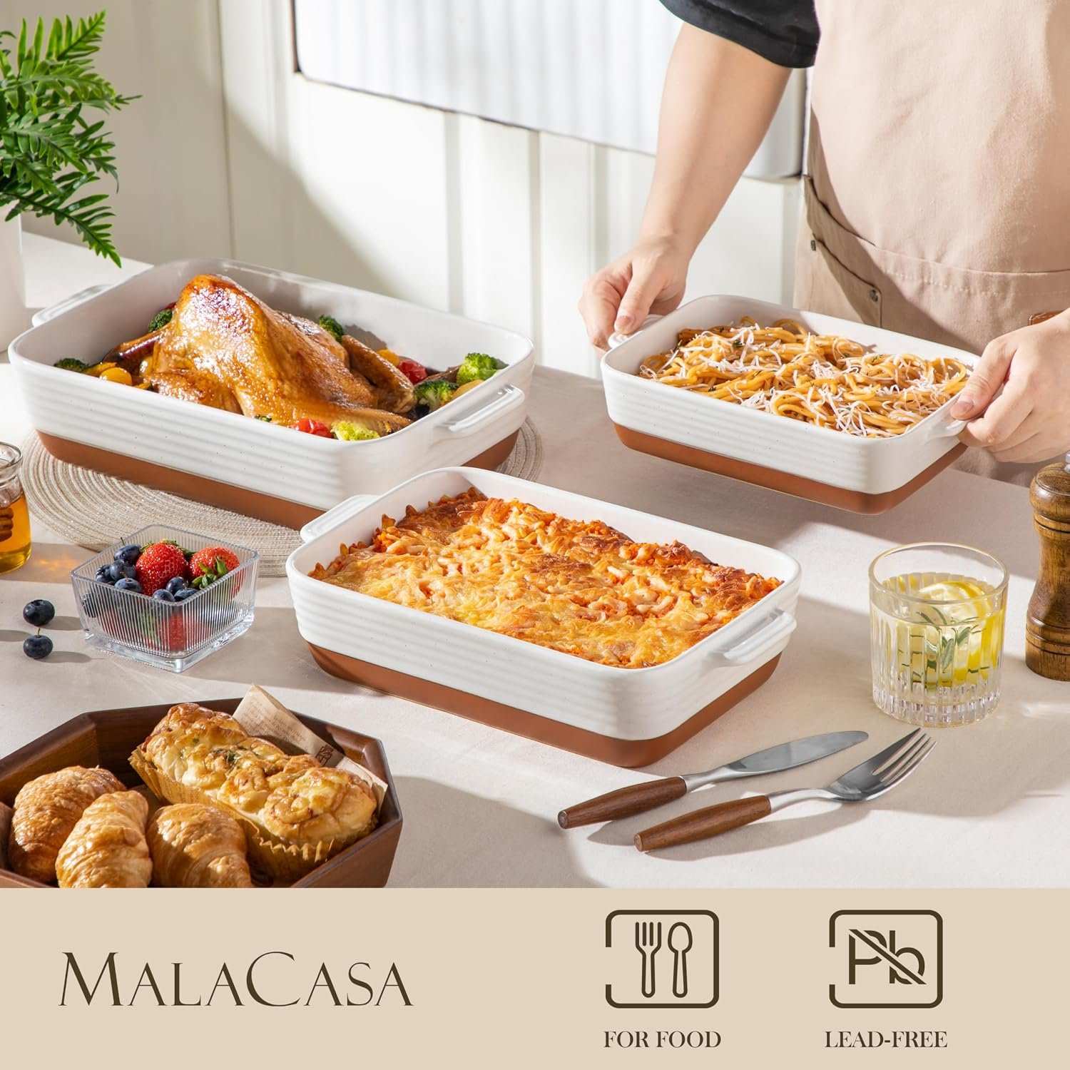 MALACASA Casserole Dishes for Oven, Ceramic Baking Dishes Set of 3, Baking Pan Casserole Dish Set, Rectangular Lasagna Pan Deep with Handles for Baking, Khaki White (14.5''/13''/10.5''), Series TARA - Image 3