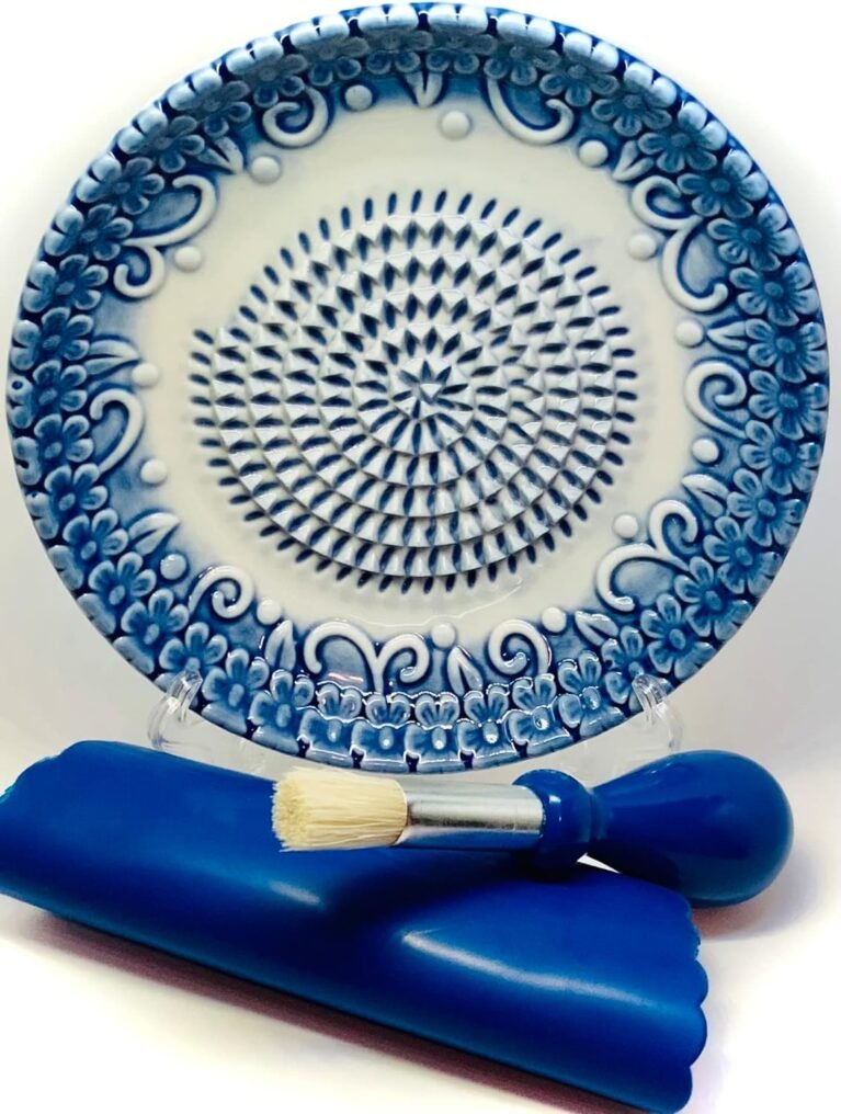 BonCera, Premium Ceramic Garlic Grater Plate Set - Blue Embossed