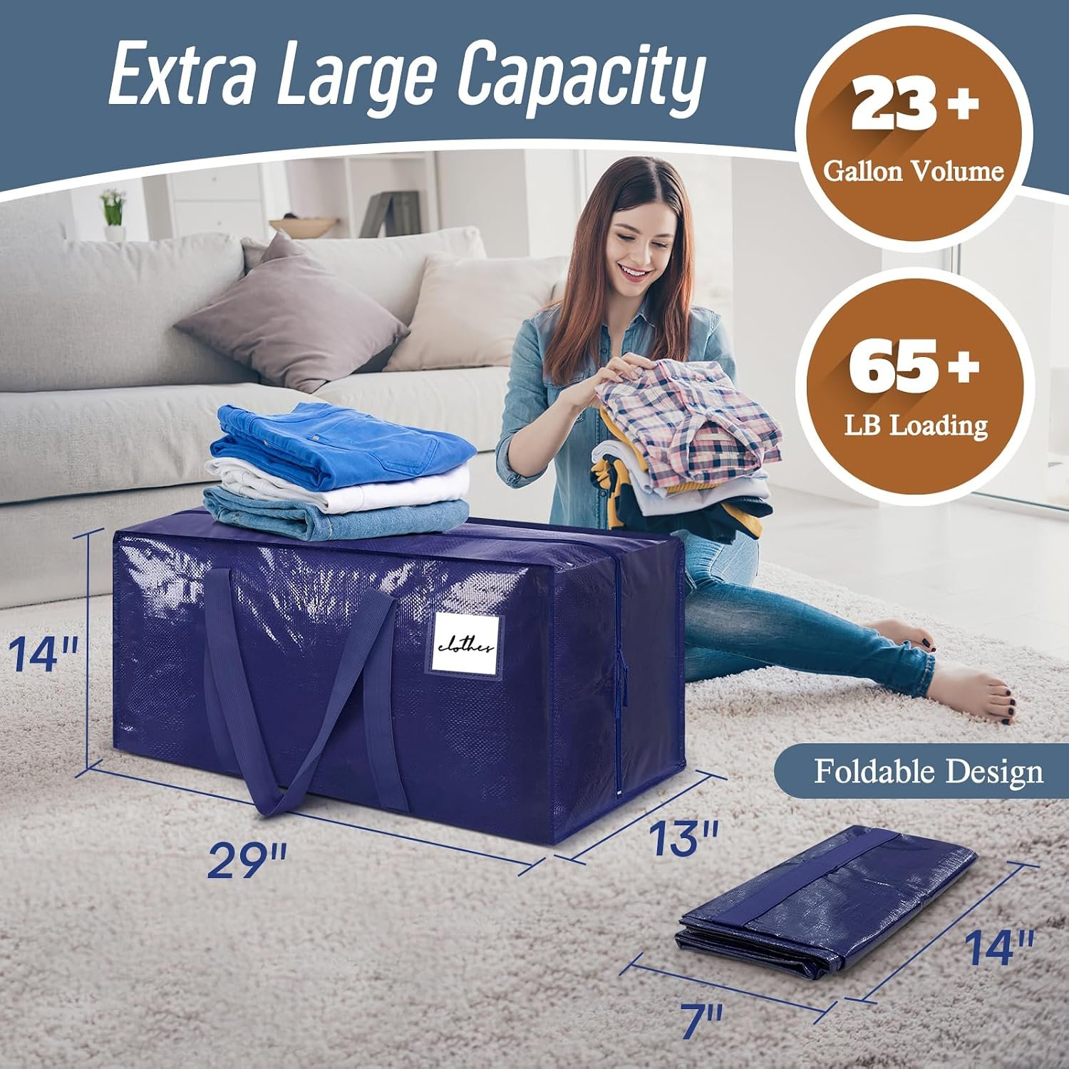 6 Pack Extra Heavy Duty Large Moving Bags with Strong Zipper, Dark Blue - Image 3