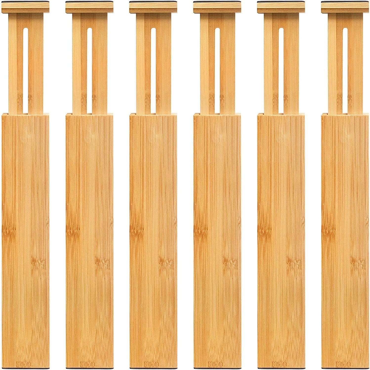 VaeFae 6-Pack Adjustable Bamboo Drawer Dividers, Expandable Drawer Organizer for Kitchen Utensils, Clothes, Bathroom, Office – Fits Drawer Interiors 16.6" to 21.8"