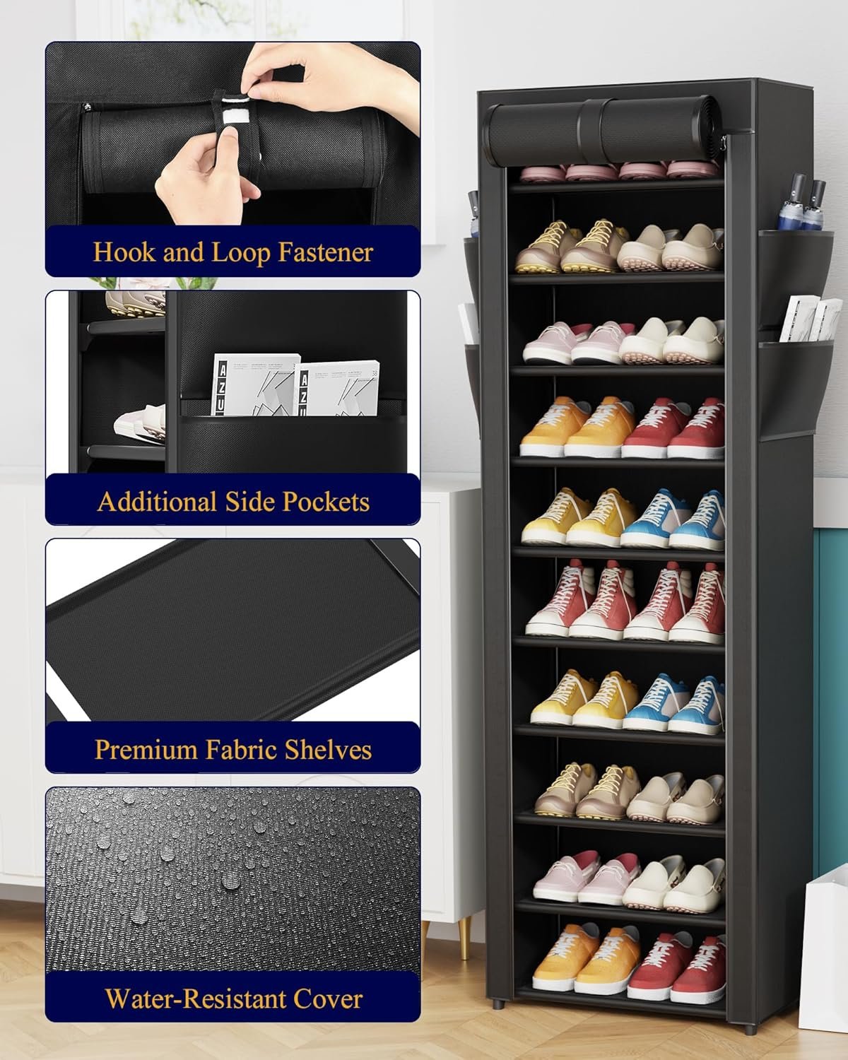 Kitsure 10-Tier Shoe Rack with Cover, Vertical Shelf, 17.5" Wide, Black - Image 5