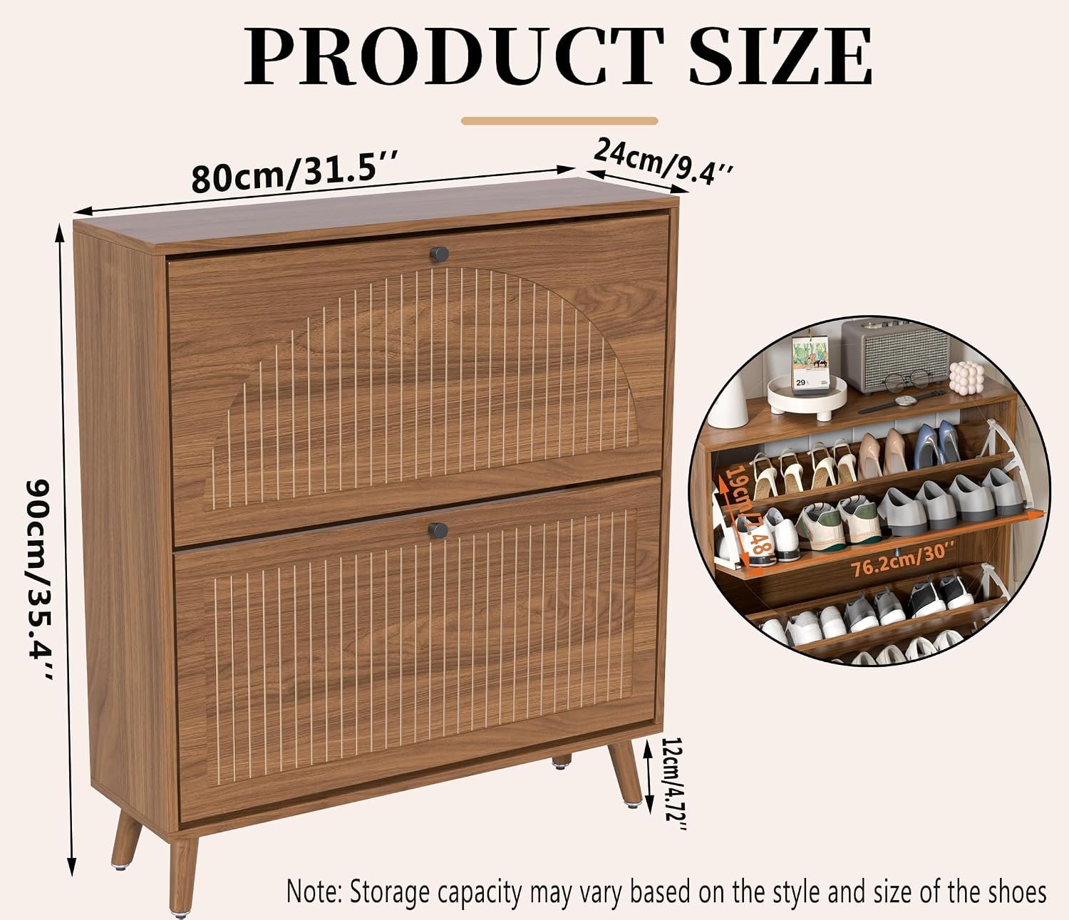 Fsbecl Shoe Storage Cabinet for Entryway with 2 Fluted Flip Drawers, Walnut - Image 2