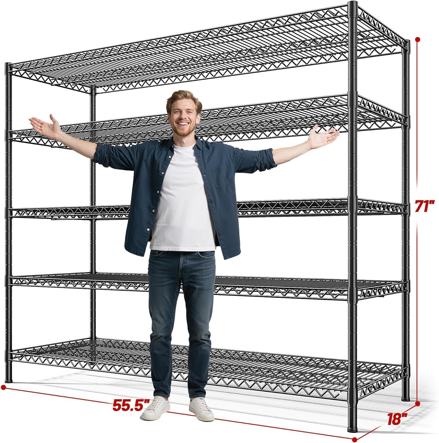 REIBII 3200LBS Storage Shelves 55.5" W Garage Shelving Heavy Duty 5 Tier Adjustable Wire Shelving Unit Metal Shelving for Garage Pantry Commercial Basement,55.5" W X 18''D X 71" H - Image 3