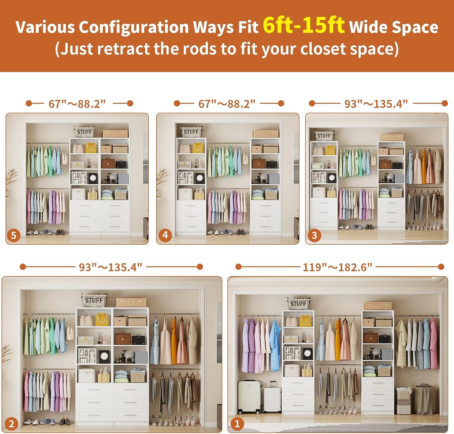 Closet System with 6 Drawers, 5-14FT Custom Closet Organizer System with 8 Expandable Hanging Rods&Adjustable Shelves, Modular Wood Closet Systems Tower for Walk in Closet Storage, 2 Sets, White - Image 2