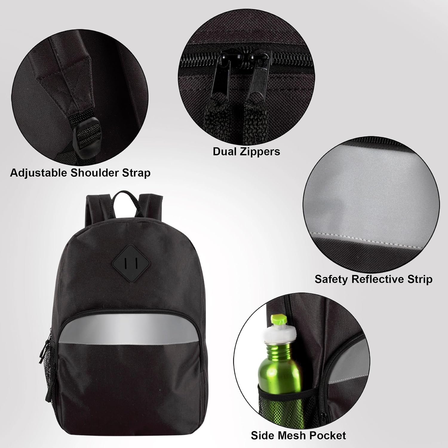 Trail maker (24 Pack) 17" Backpack – Reflective School Backpack with Padded Straps, Water Bottle Pockets for Kids & Adults, School Travel Camp (Black) - Image 6