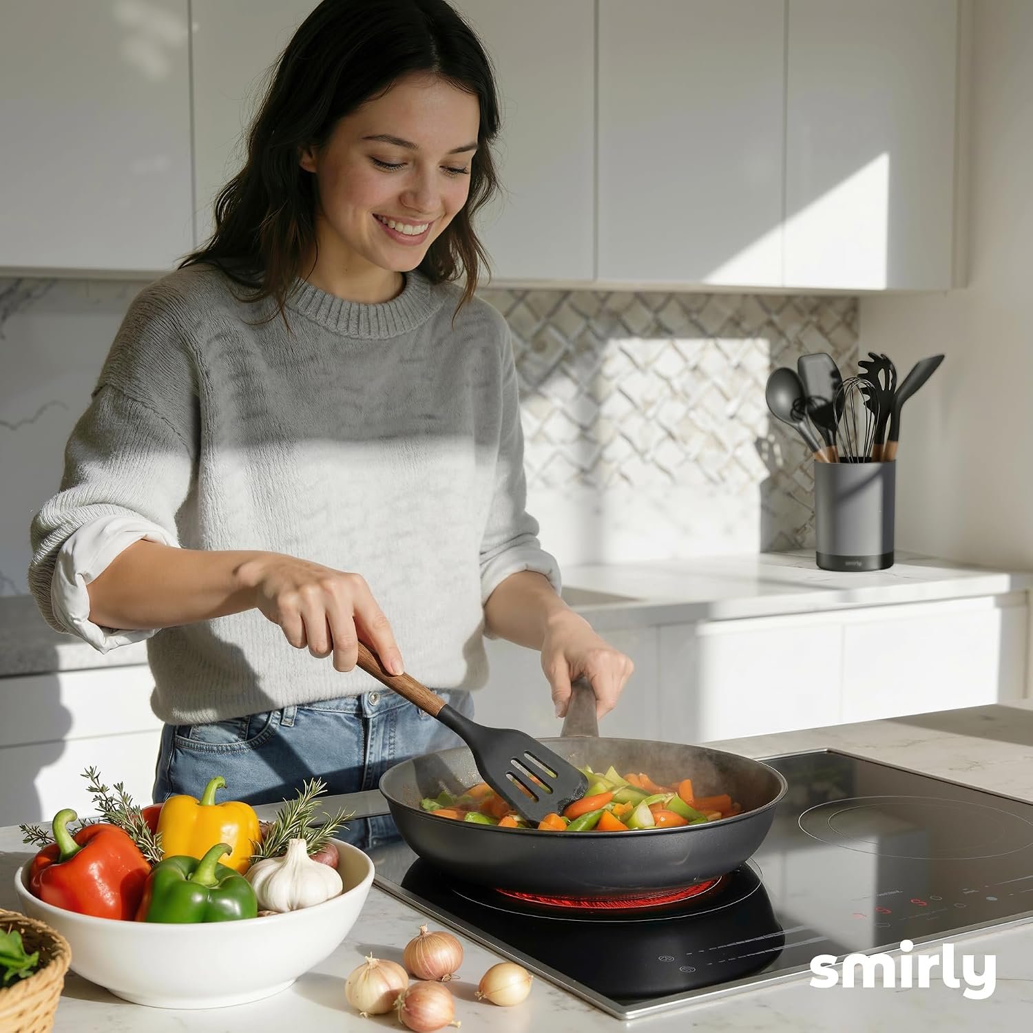 SMIRLY Silicone Kitchen Utensils Set, 22-Piece Acacia Wood Handle, Black - Image 8