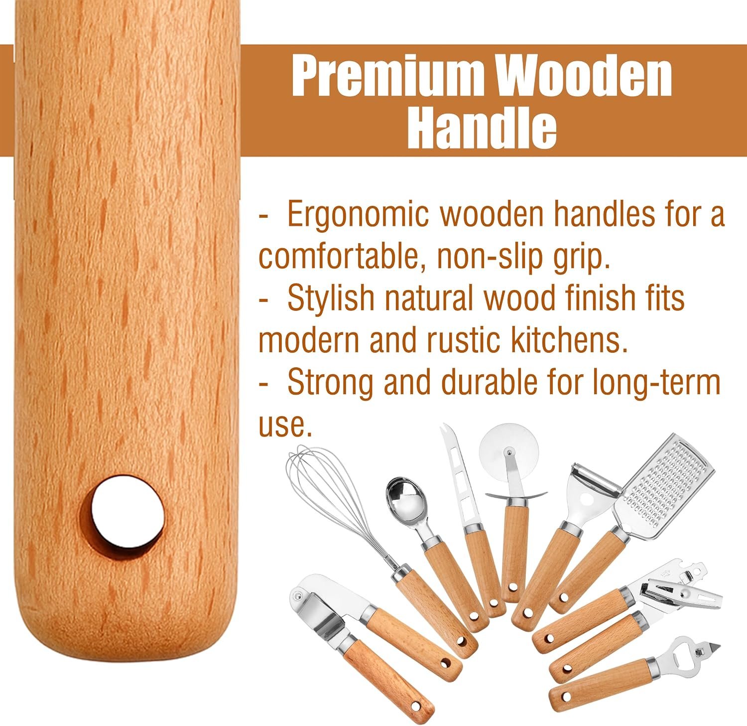 Stainless Steel Kitchen Gadget Set – 9 PCS Western Cooking Utensil & Tool with Wooden Handle: Pizza Cutter, Garlic Press, Can and Bottle Opener, Ice Cream Scoop, Peeler, Cheese Grater and Knife, Whisk - Image 7