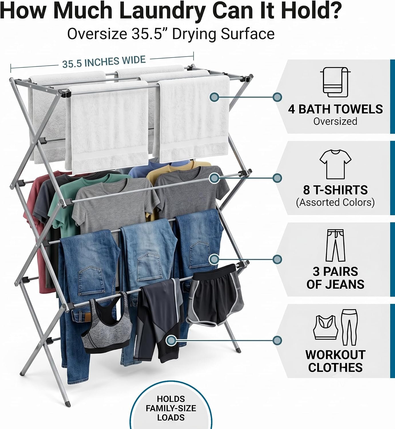 Honey-Can-Do Oversized Collapsible Clothes Drying Rack, 35", 50 lb, Grey - Image 2