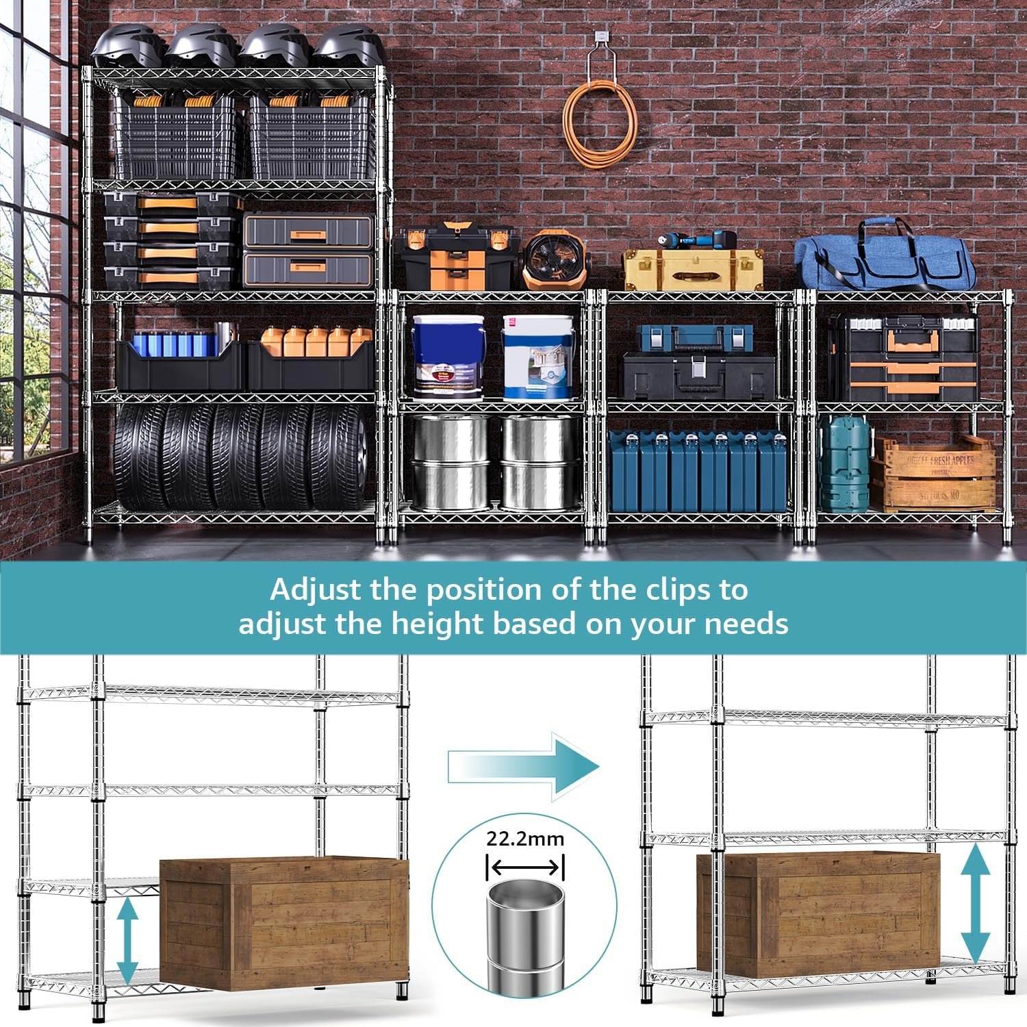M MZG 5-Shelf Storage Shelves,Wire Shelving Heavy Duty Metal Storage Shelving Unit Adjustable Garage Shelving Rack Pantry Kitchen (Chrome, 5 Tier,17.7" D x 47.2" W x 76.7" H) - Image 4