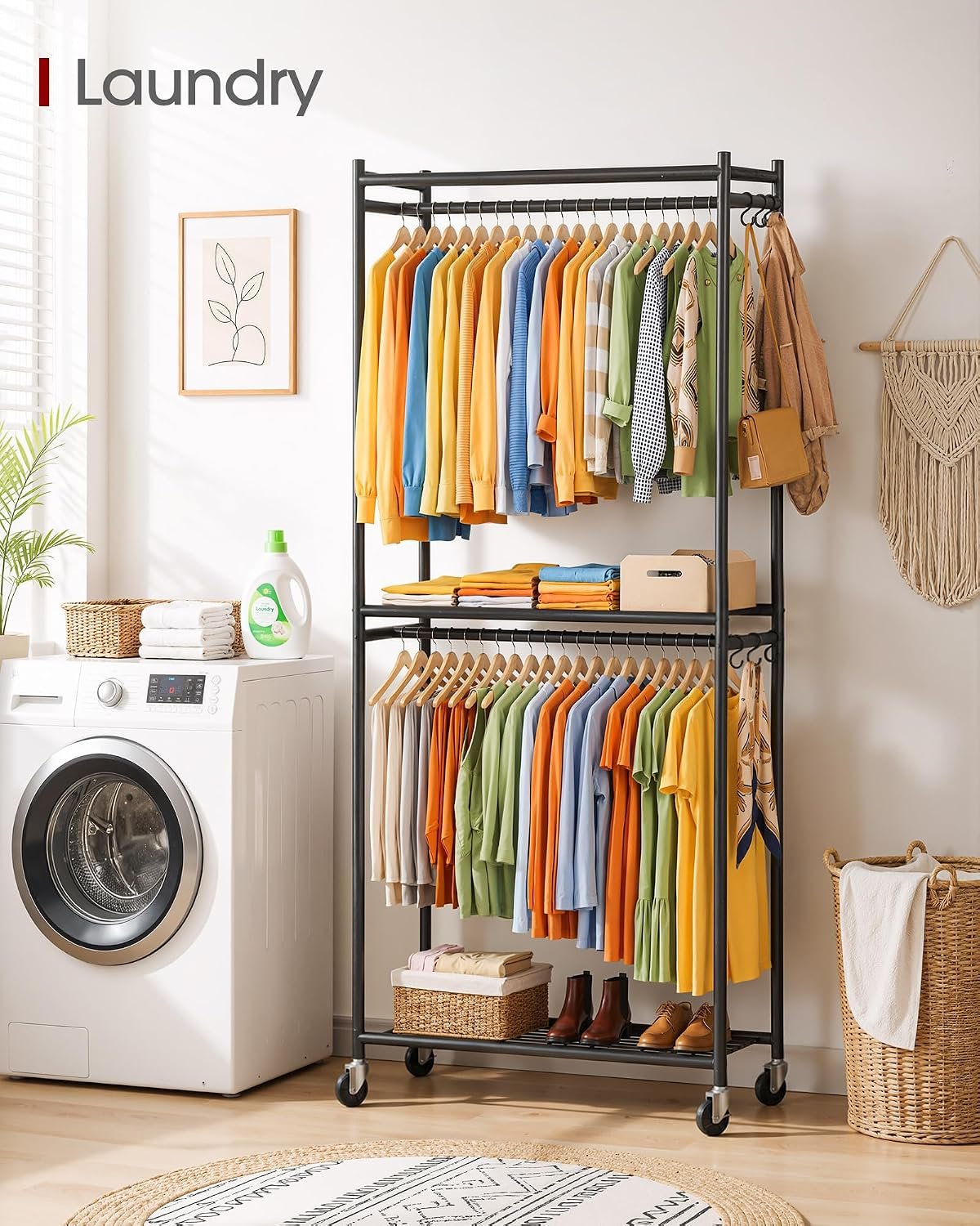Sakugi Clothes Rack - 33.0" x 12.2" x 79.5" Clothing Rack with Shelves & Wheels, Multi-Functional Wardrobe Closet with Hooks, Sturdy Metal Garment Rack for Bedroom, Laundry, Balcony (Black) - Image 7